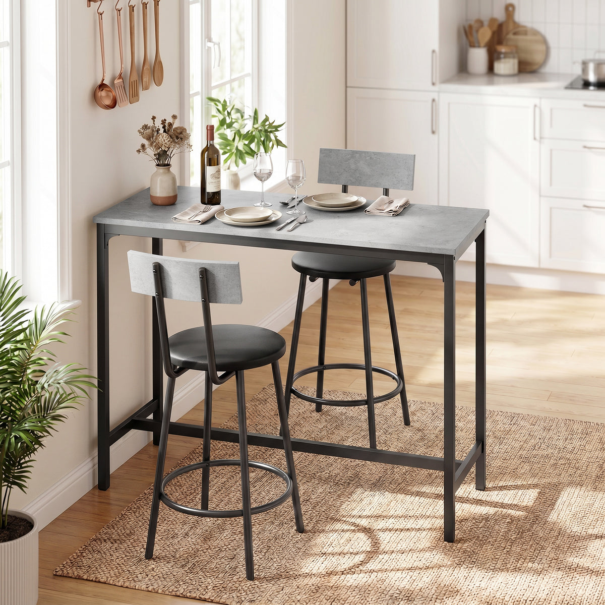 Bar table with bar stool set, counter table with 2 upholstered stools with footrests for dining room, small (2)