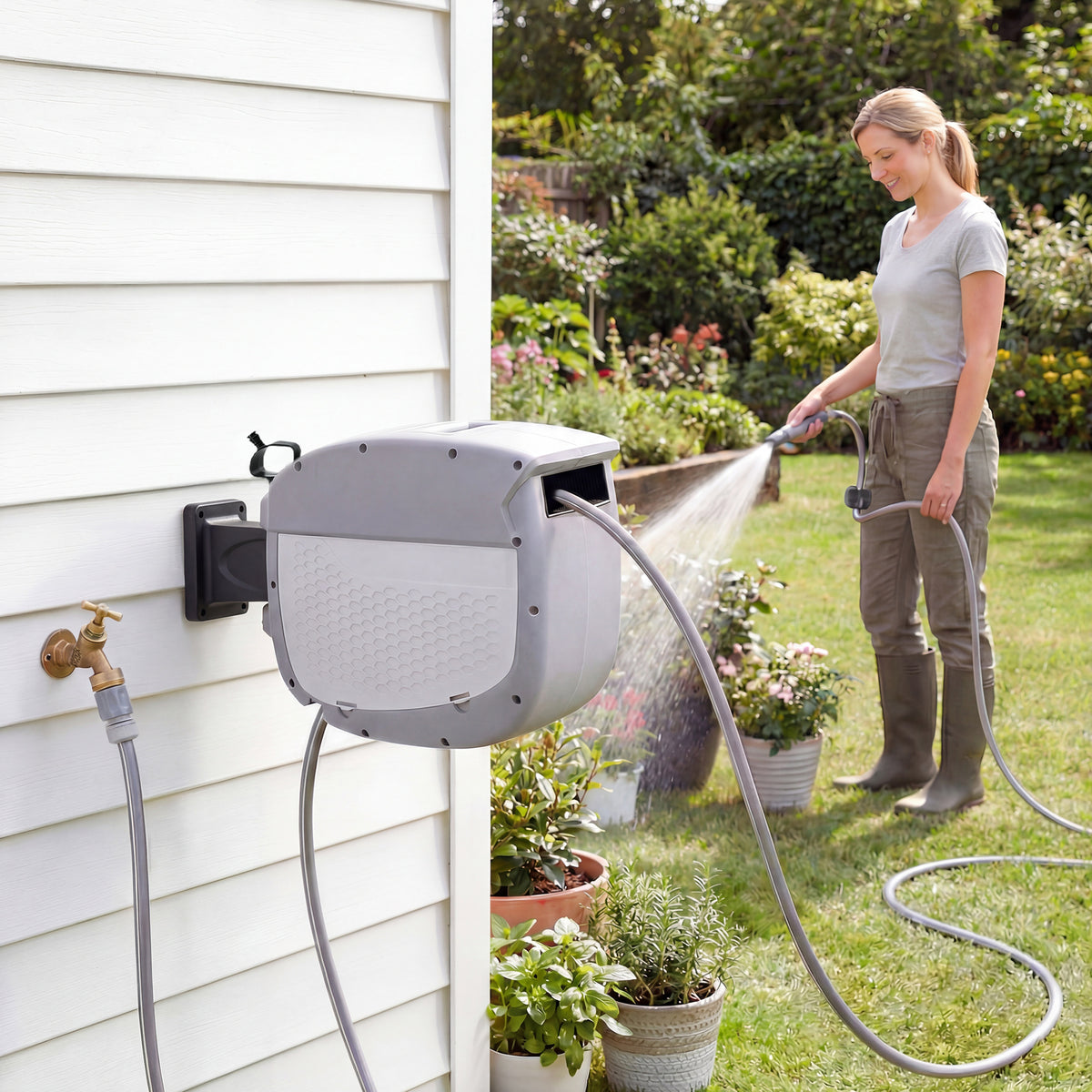 Hose reel with 30 m garden hose, 180° swiveling hose box with automatic retraction and self-locking mechanism (2)