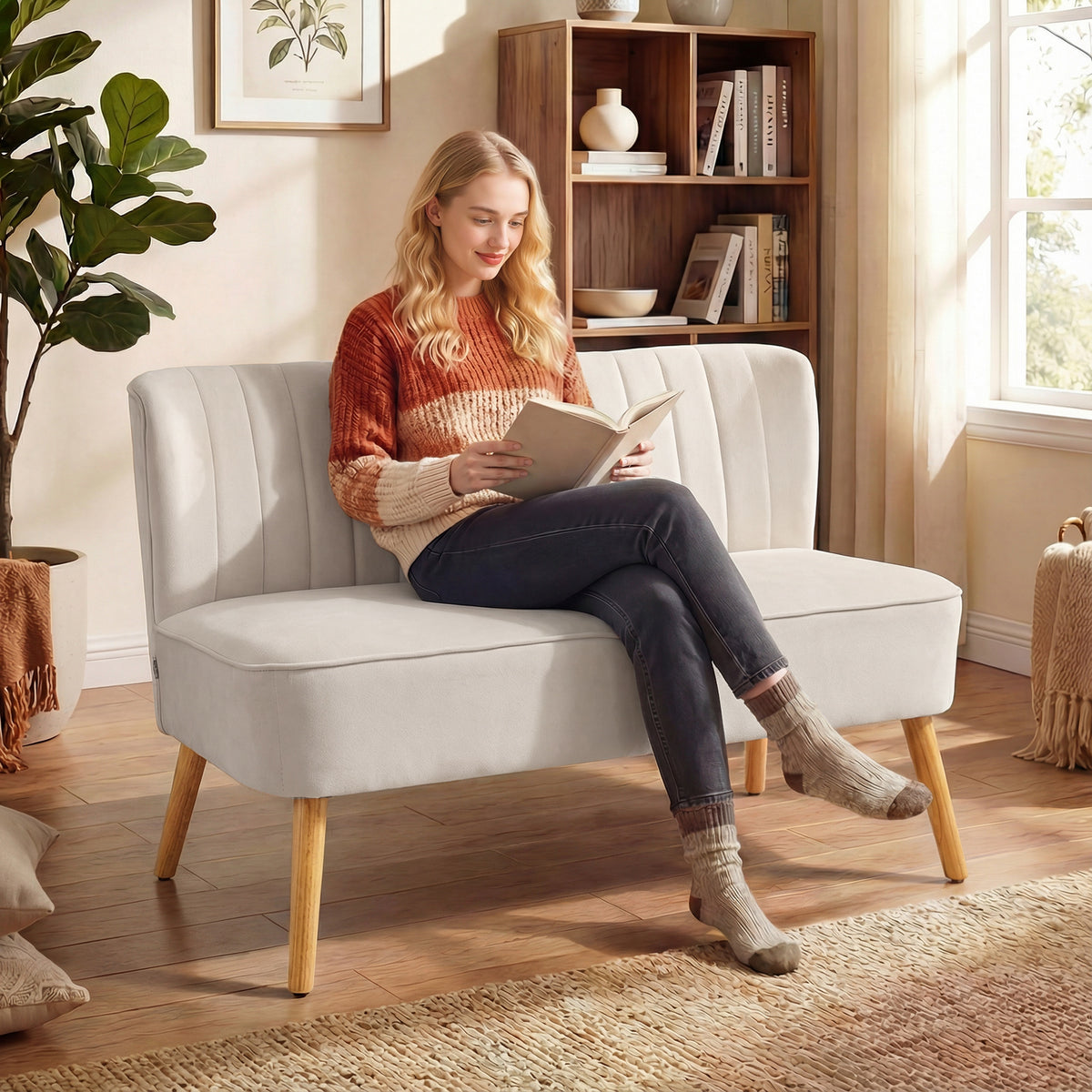 Retro design 2-seater sofa, wooden legs, 117 cm x 56.5 cm x 77 cm, cream white (2)