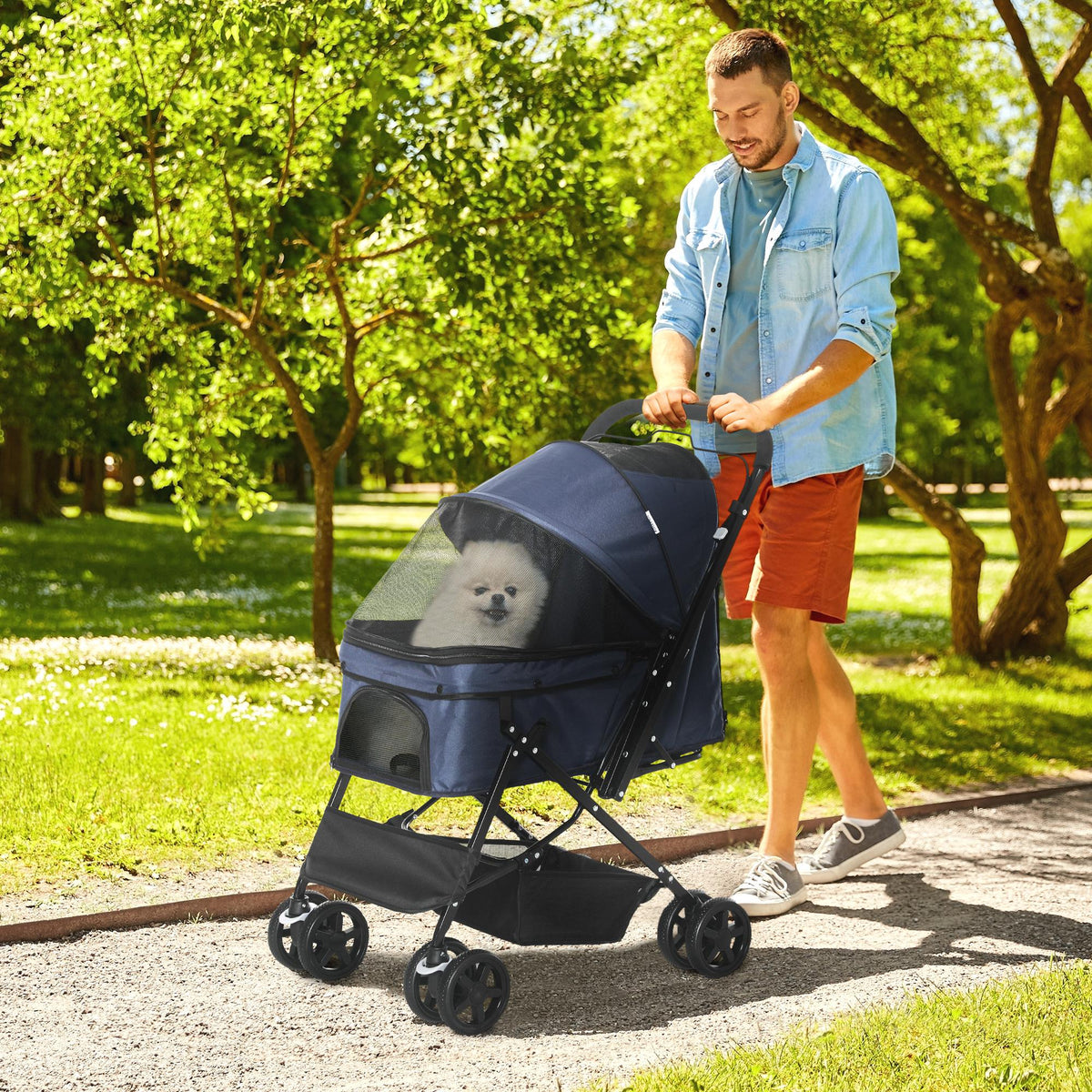 Dog stroller pet buggy up to 10kg adjustable canopy foldable storage basket 2 brakes safety leash blue (2)