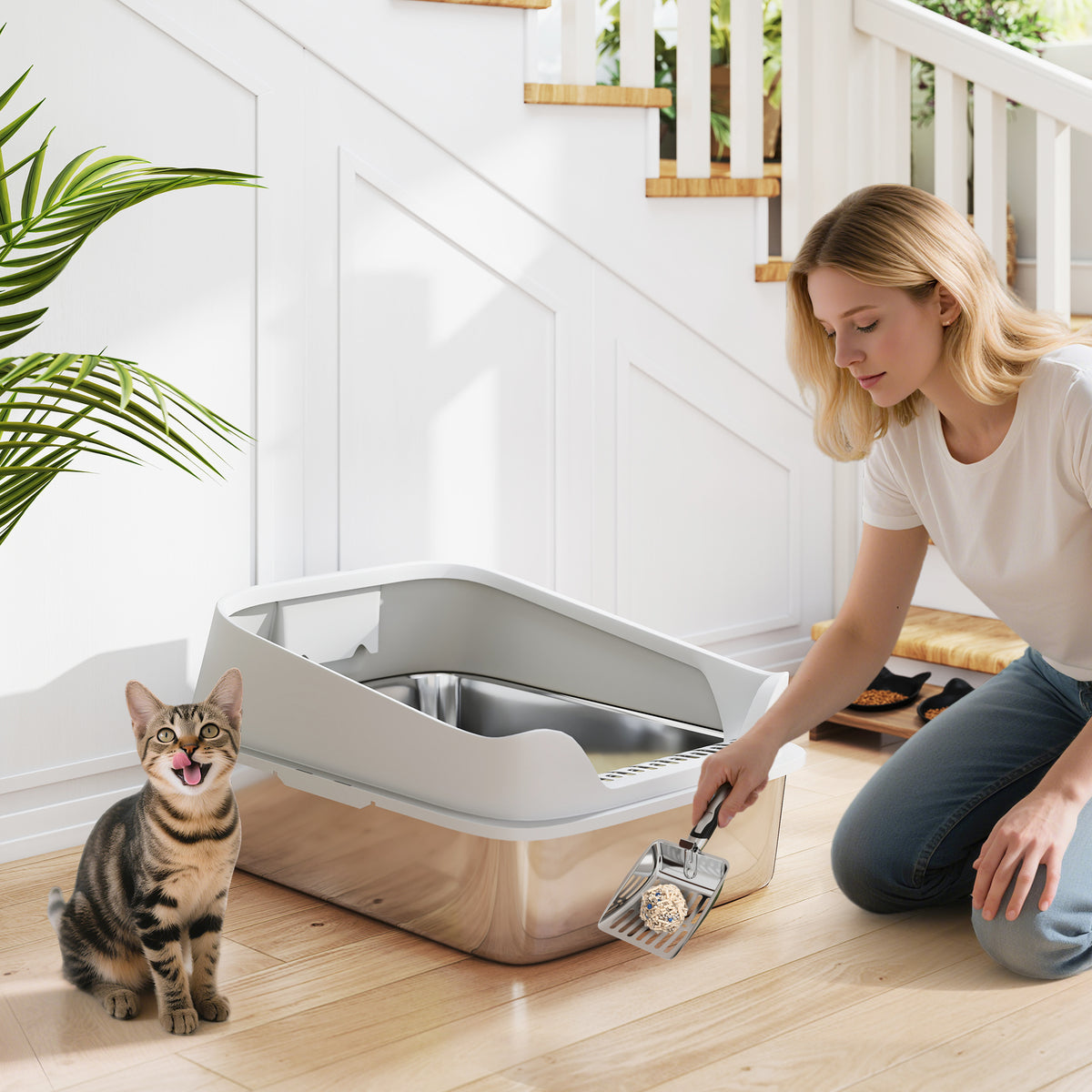 Stainless Steel Litter Box Open Cat Litter Tray with Scoop and High Rim for Large Cats up to 12 kg 69.8 x 50.3 x (2)