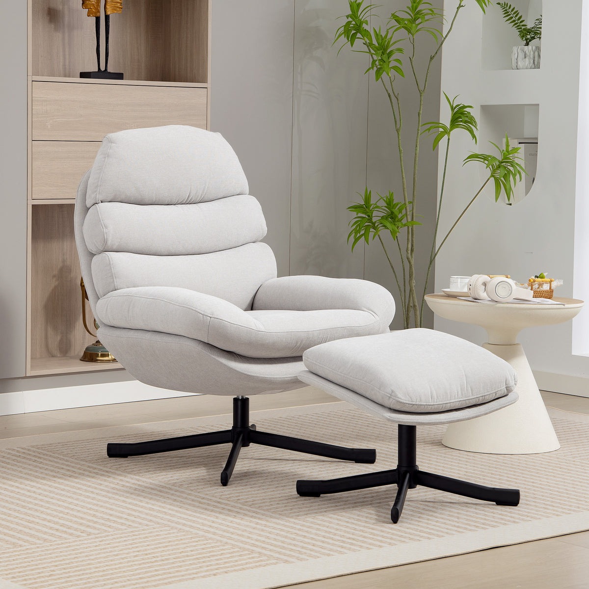 Recliner chair with footstool, lounge chair with chenille fabric, modern TV chair, 78 x 93 x 100 cm, cream white (2)