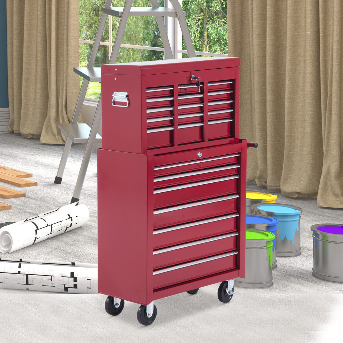 Tool trolley with toolbox, empty lockable tool cart with drawers, tool compartment, keys and non-slip mats, red (2)