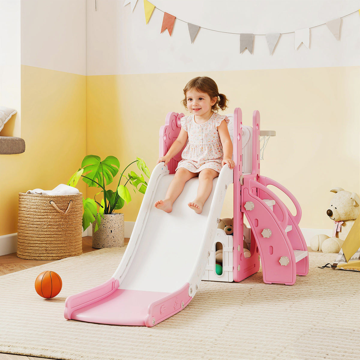 5-in-1 children's slide set, telescope, basketball hoop, HDPE, plastic, pink+white (2)