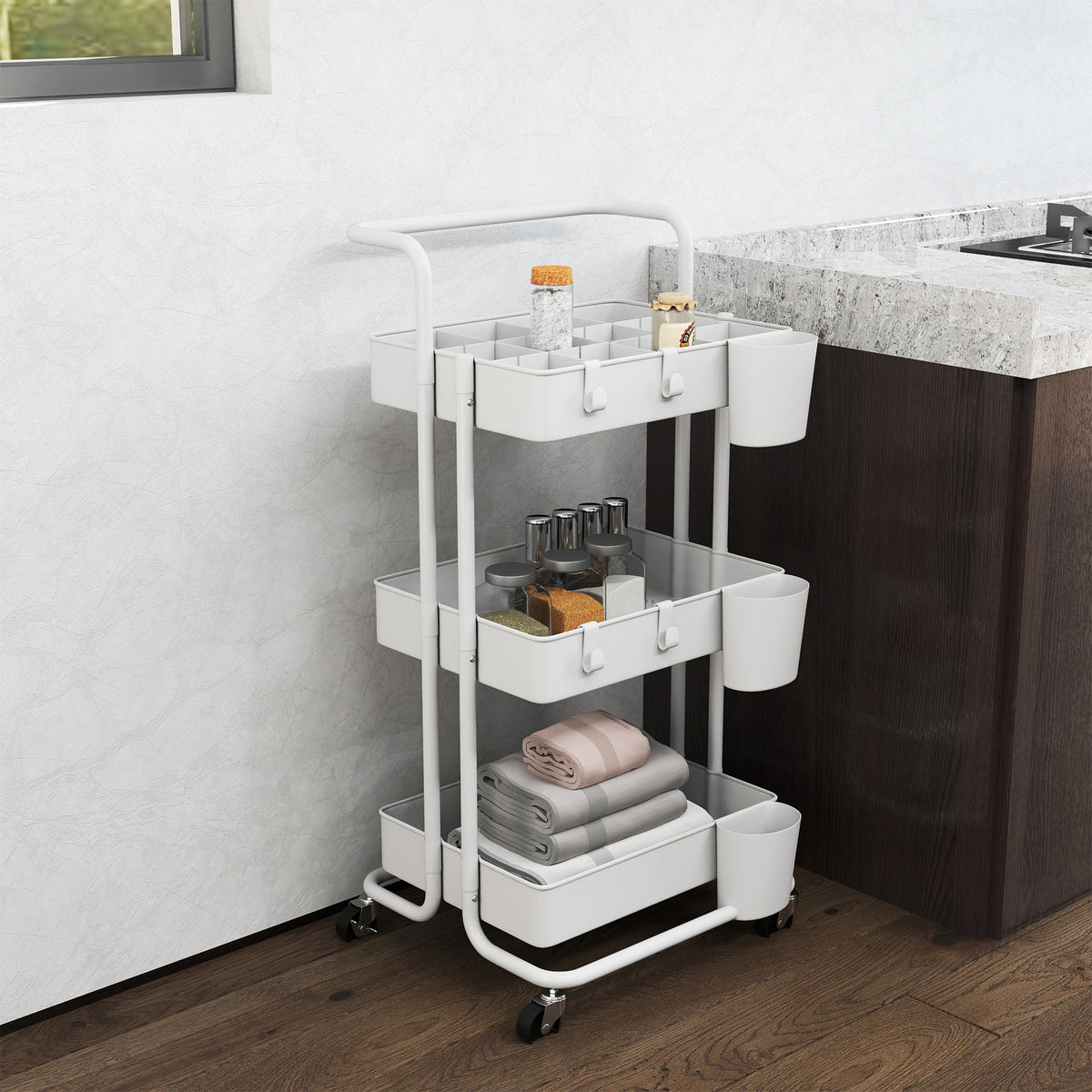 Rolling cart, serving trolley, 3 storage baskets, 3 hanging bins, 4 hooks, metal frame, 42 x 38 x 86.5cm, white (2)