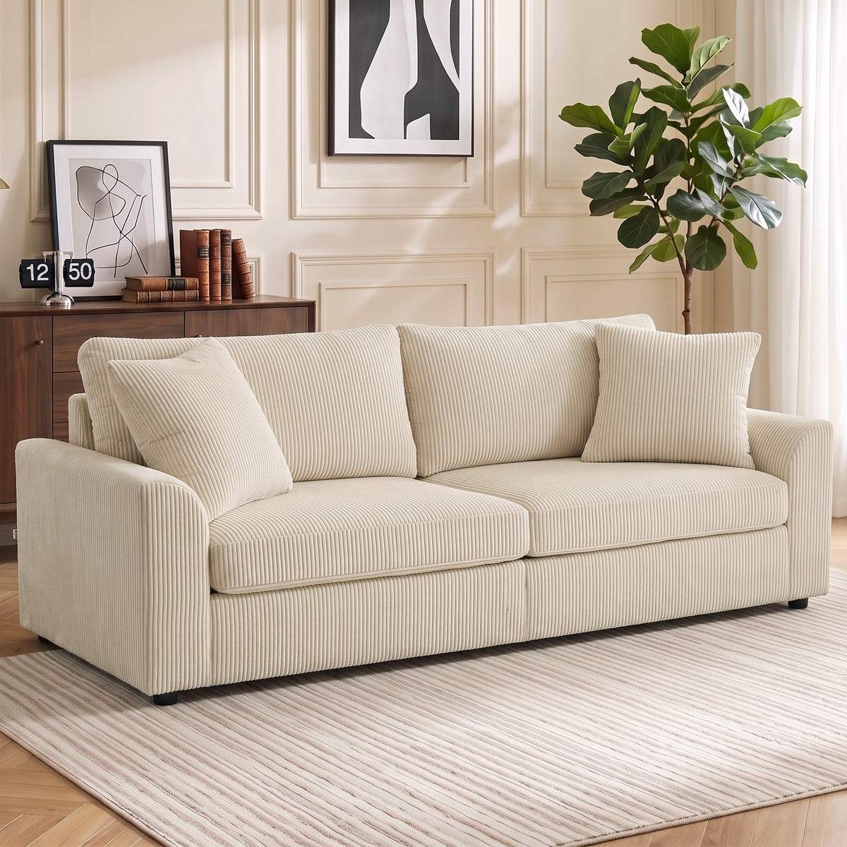 3-seater sofa with decorative cushions, corduroy sofa for living room, bedroom, 212 cm wide, cream white (2)