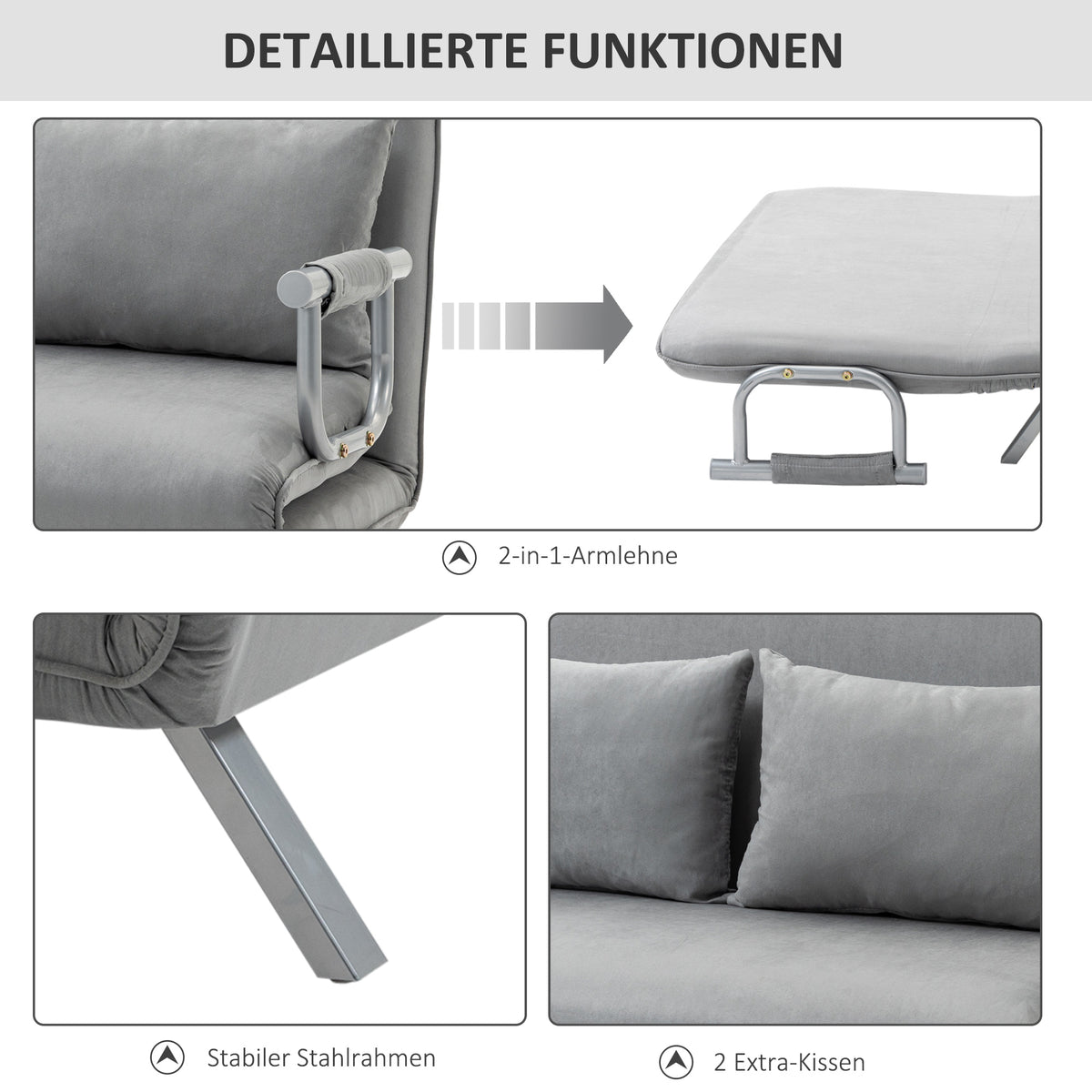 Sofa bed, double sofa, guest bed, including 2 cushions, gray (5)