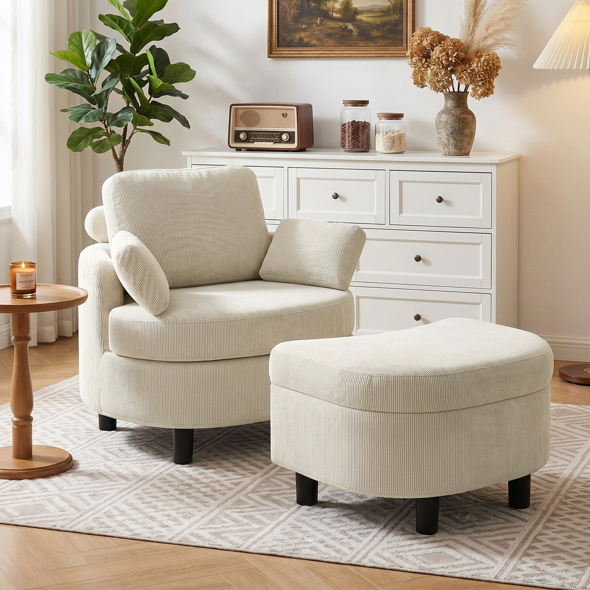 Armchair with storage ottoman, corduroy upholstery, wraparound reading chair with adjustable headrest, wide seat (10)