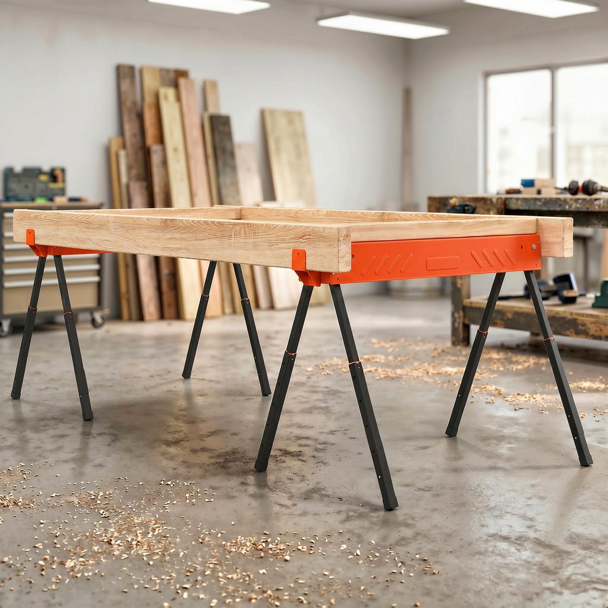 Sawhorse twin pack, foldable workbench sawhorses with height-adjustable legs, 2x4 support, carrying handle (2)