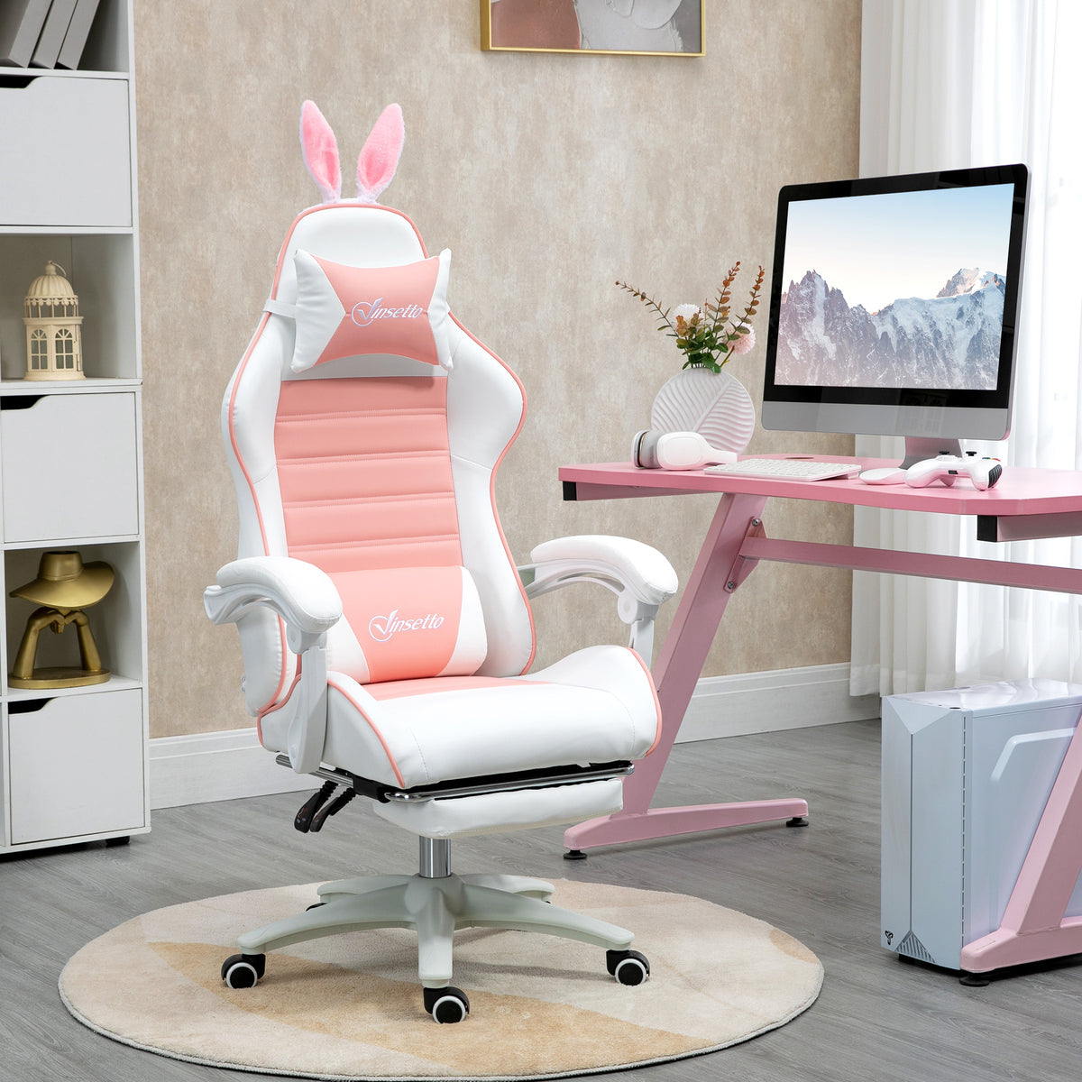 Gaming Chair Ergonomic Gamer Chair with Lumbar Support, Footrest, Bunny Ear Headrest Pink (2)