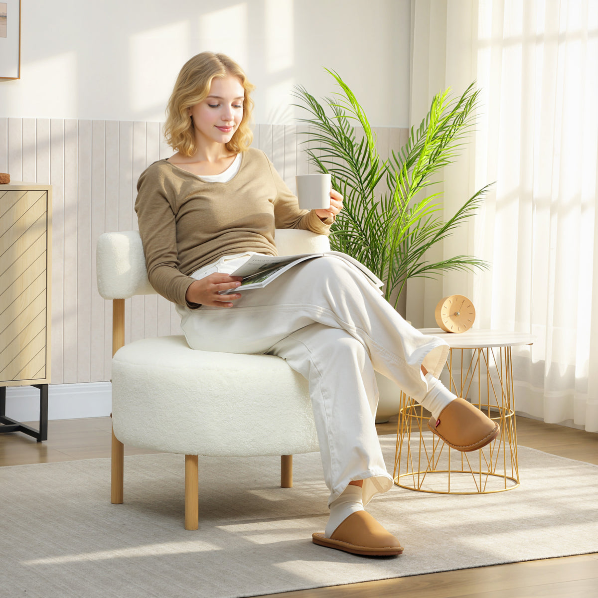 Armchair lounge chair recliner with sherpa fleece, metal legs in wood look upholstered armchair 67 x 67 x 71 cm (2)