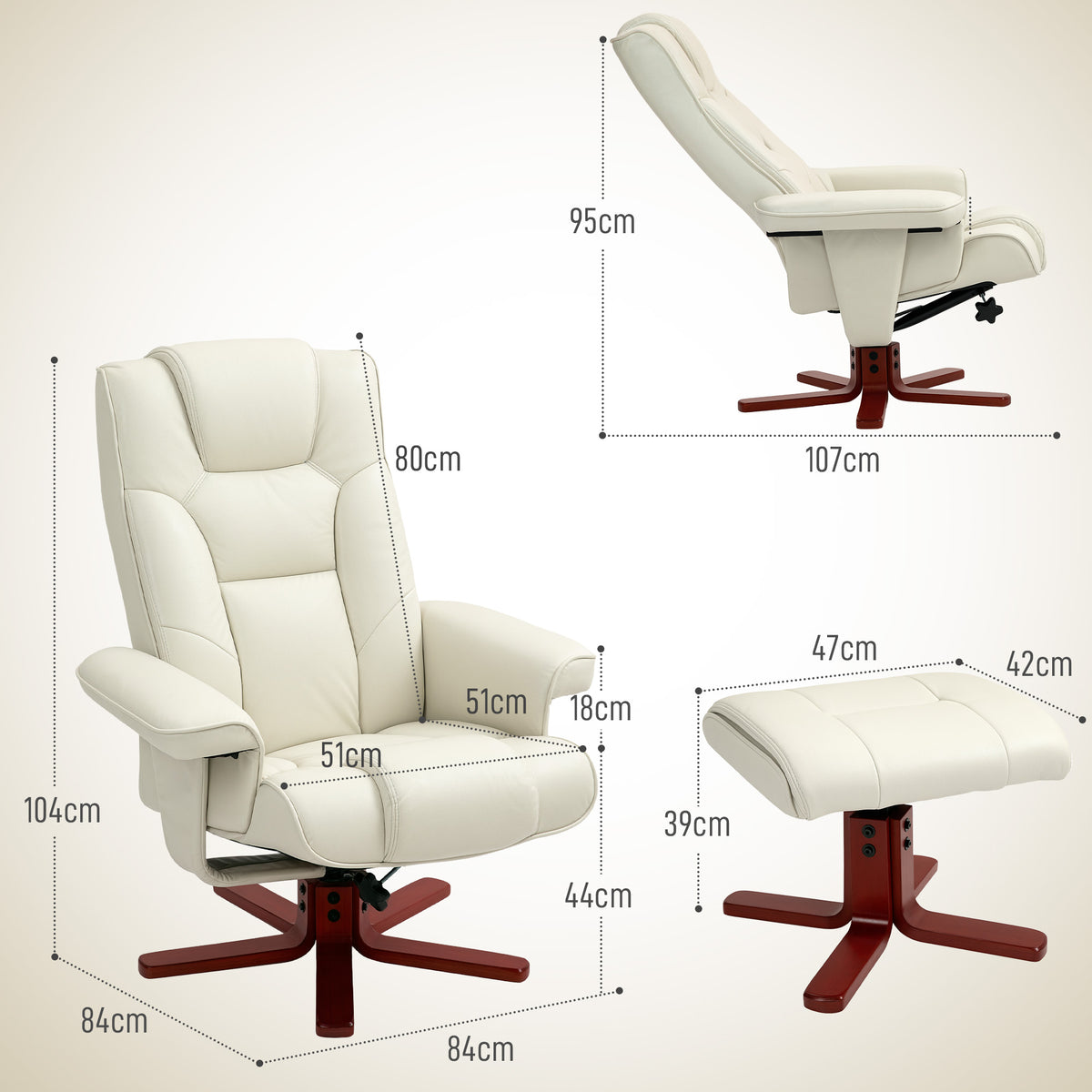 Recliner chair with footstool, faux leather, reclining backrest, up to 150 kg, cream white (3)