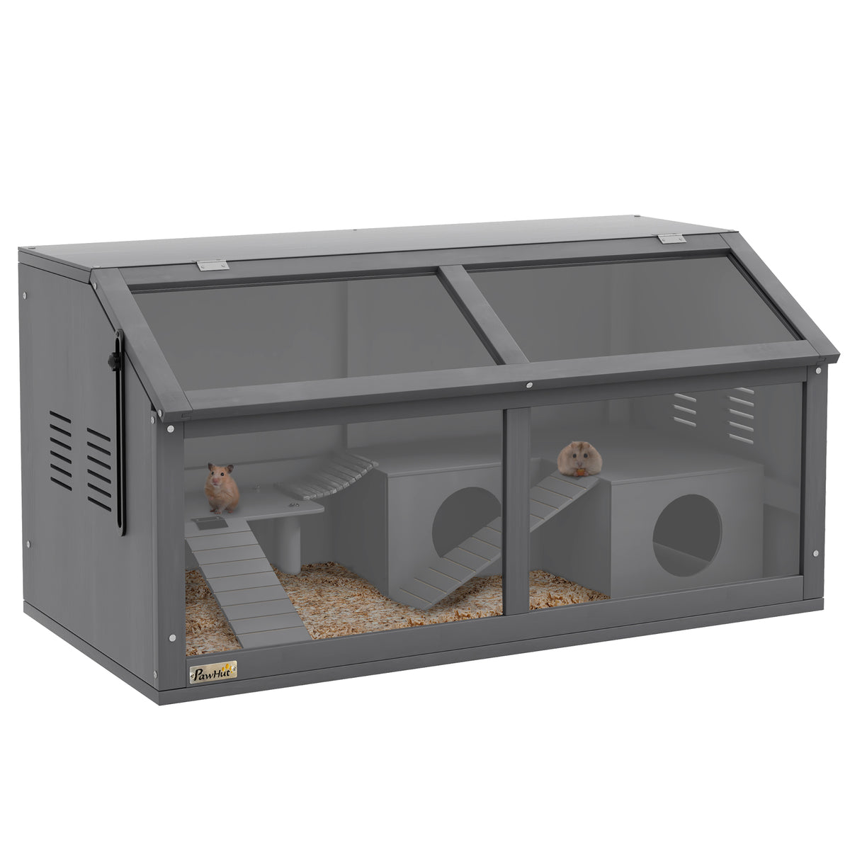 Hamster cage, small animal wooden cage, suspension bridge, ladders, hut, 84 x 45 x 44 cm, for dwarf hamsters
