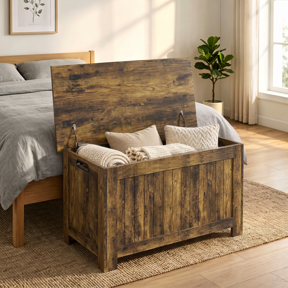 Storage chest with hinged lid, toy box with safety hinges, rustic brown (2)
