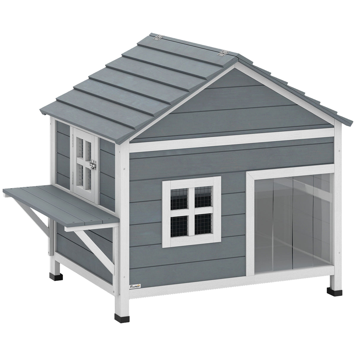 Wooden 2-story cat house, cat cave with waterproof hinged roof, side platform, 101x72.5x81cm, gray