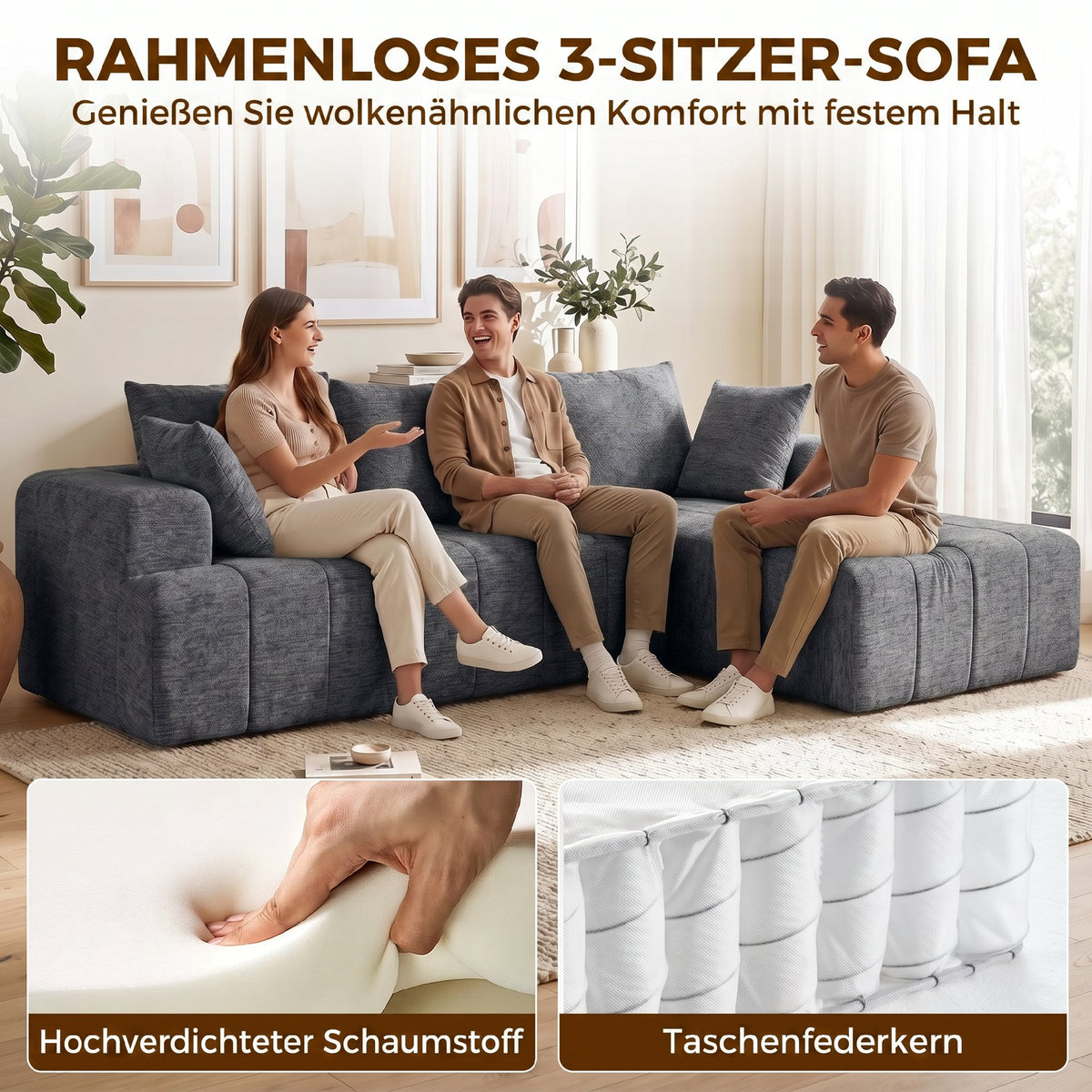 3-seater L-shaped corner sofa with ottoman, convertible chenille cloud sleeper sofa with pocket spring (4)