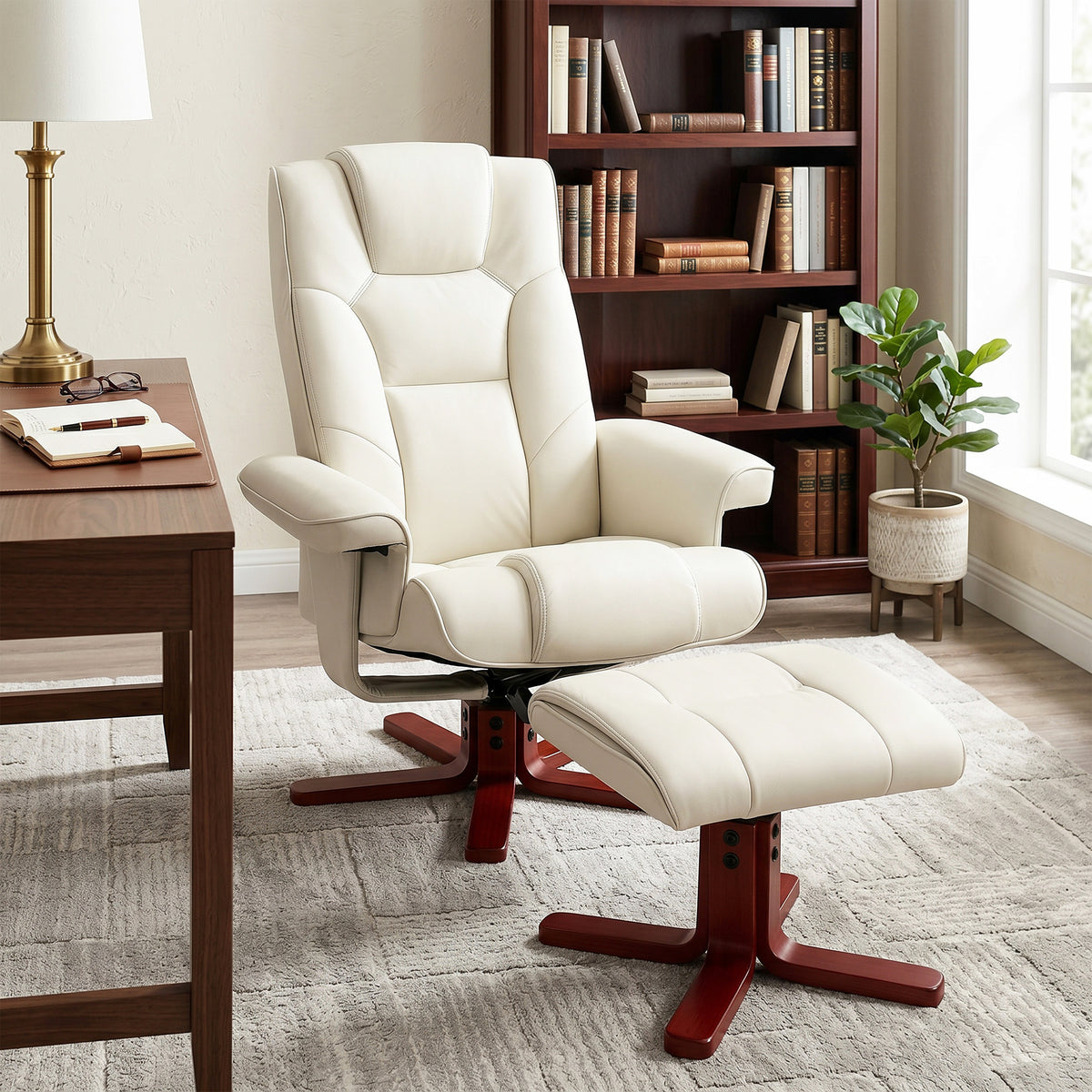 Recliner chair with footstool, faux leather, reclining backrest, up to 150 kg, cream white (8)