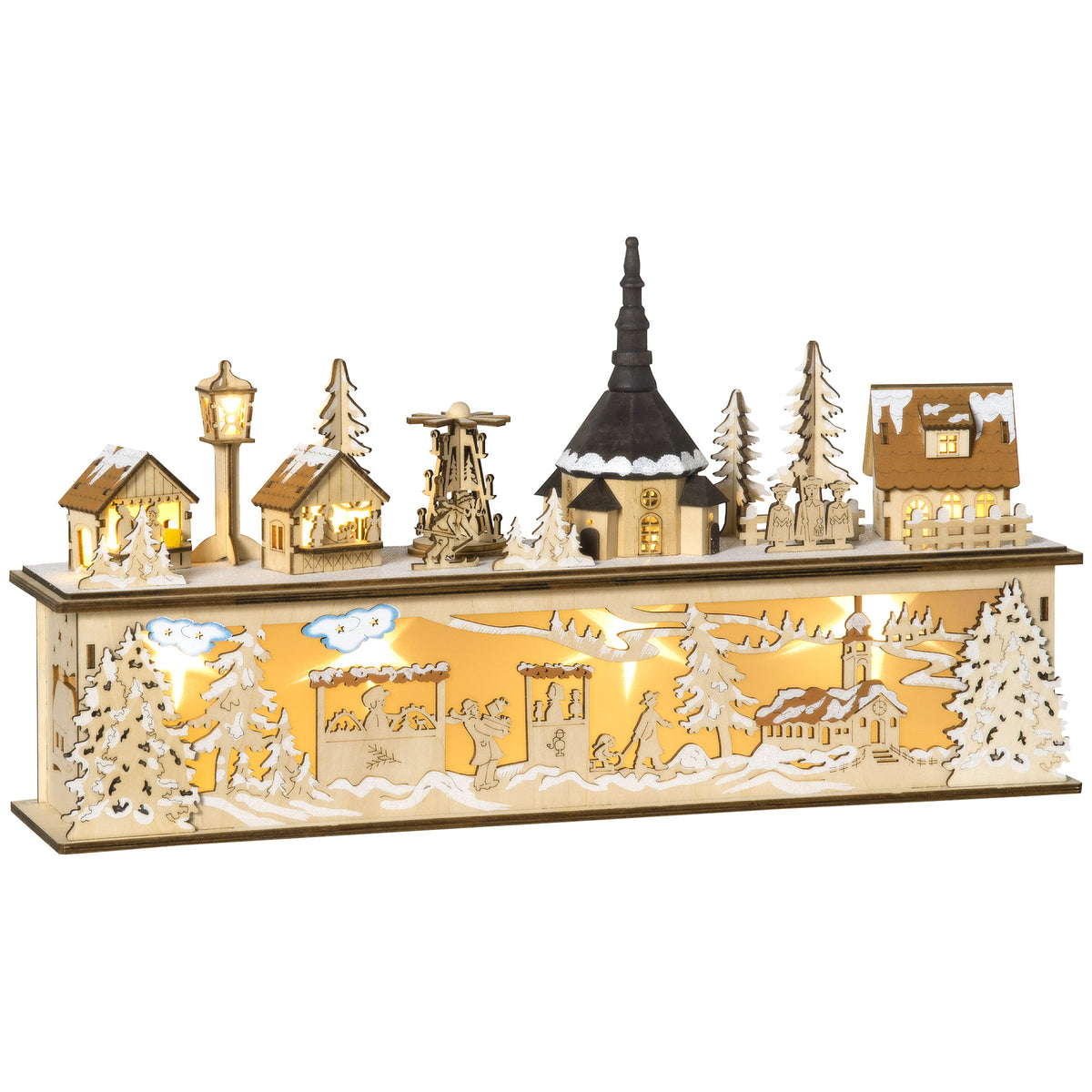 Christmas decoration, Christmas village, 10 LEDs, warm white light, 45 x 10 x 25 cm, wooden decor
