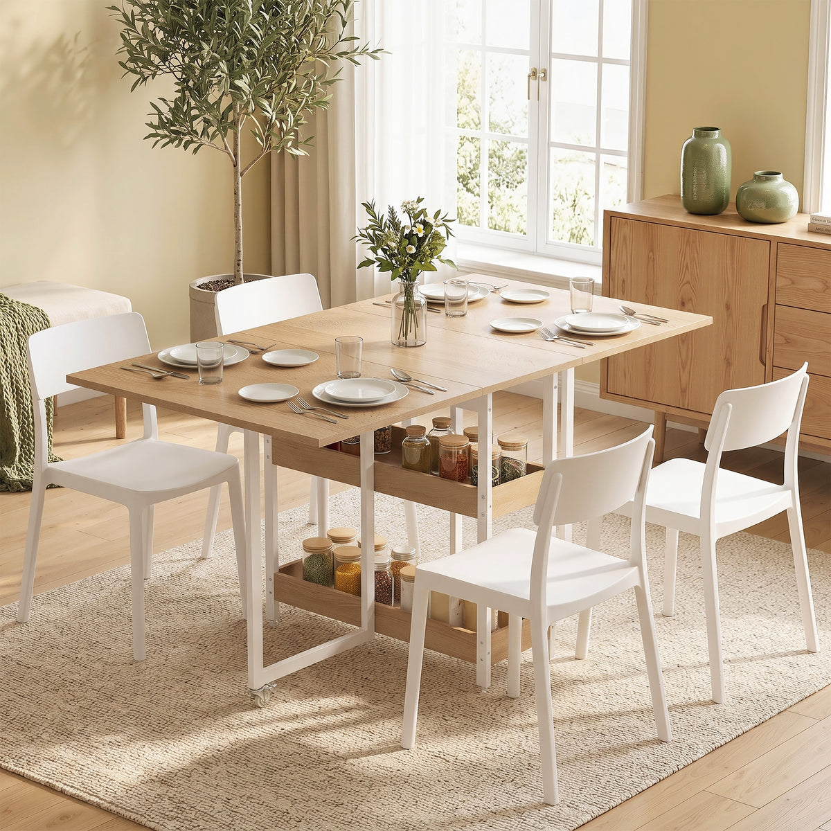 Foldable dining table in industrial design, for up to 4 people, open shelves, flexible, metal, chipboard (2)