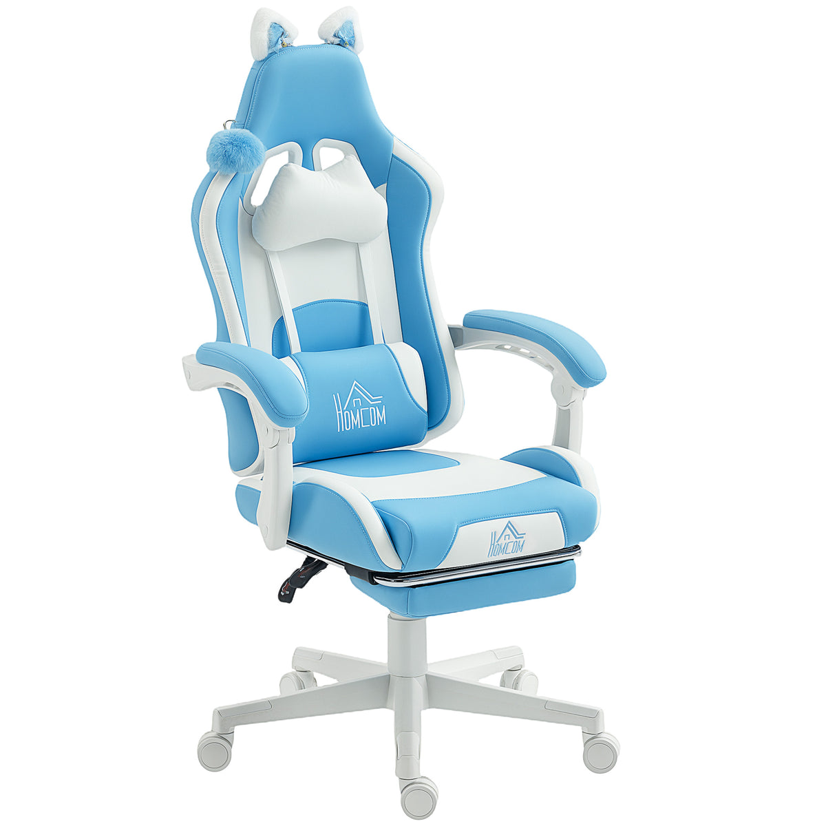 Gaming chair with cat ears, tiltable backrest, retractable footrest, load capacity up to 120 kg, lake blue