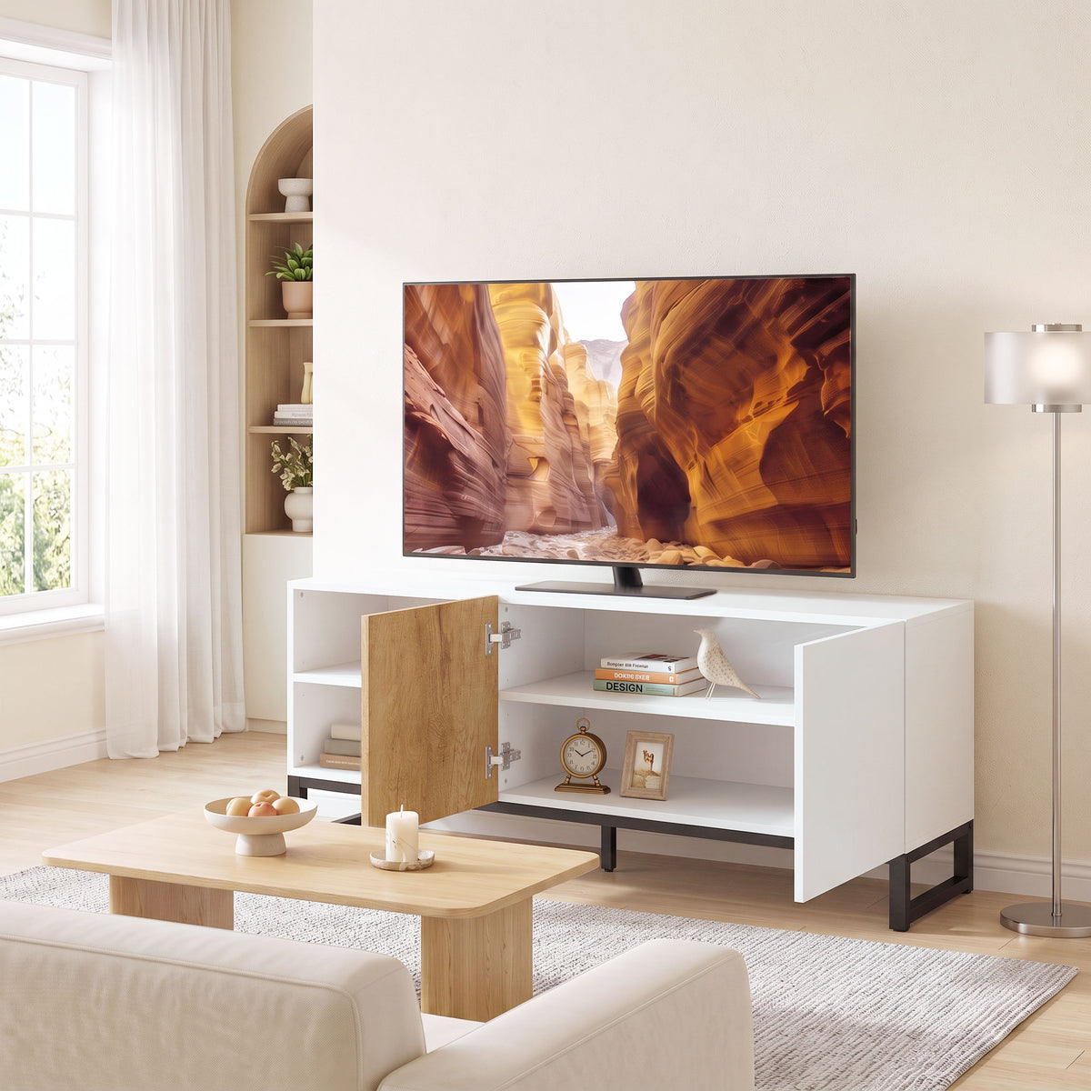 TV stand for TVs up to 55 inches, modern TV lowboard with adjustable shelves, white (2)