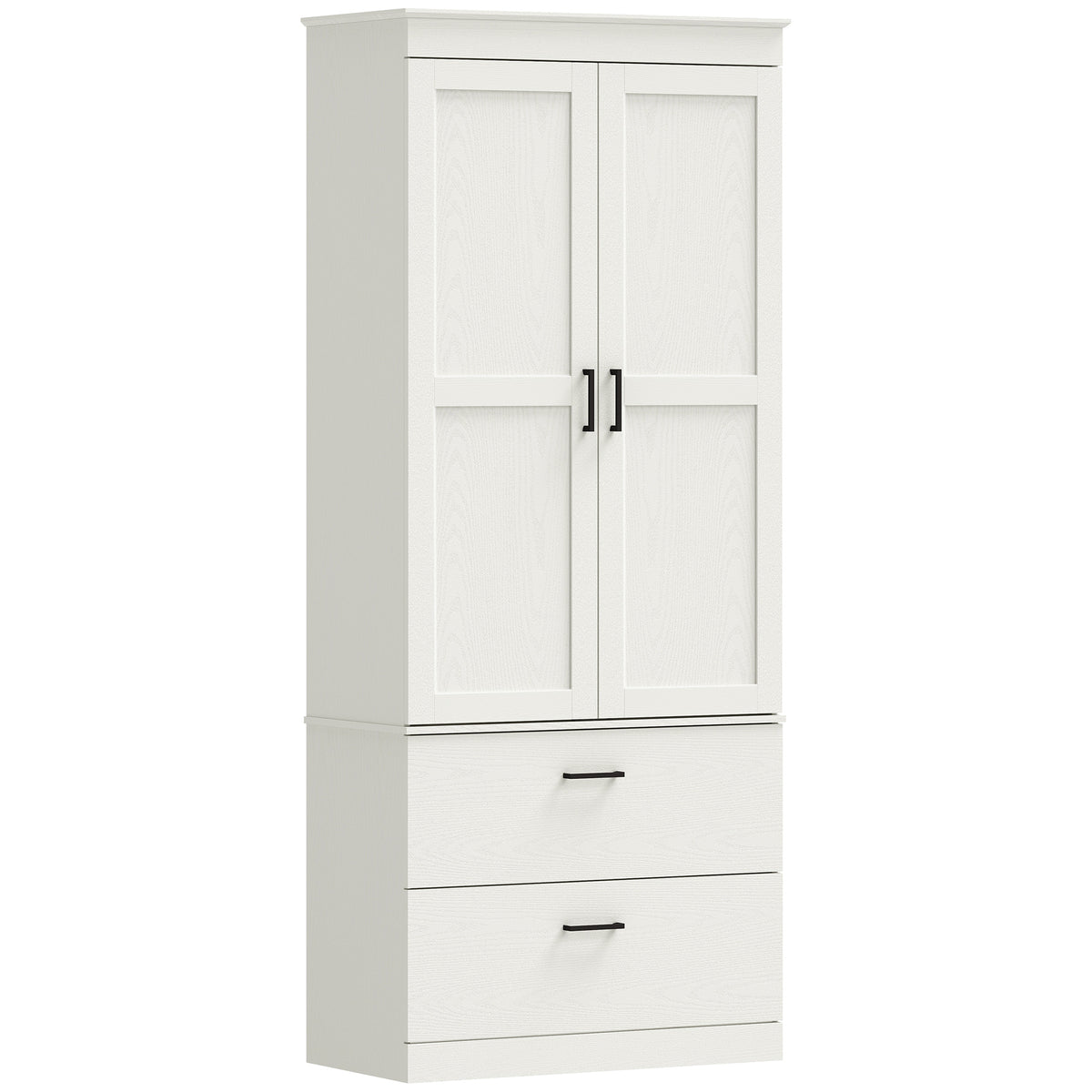 Country-style kitchen cabinet, tall pantry cupboard with adjustable shelves and 2 drawers, cream white