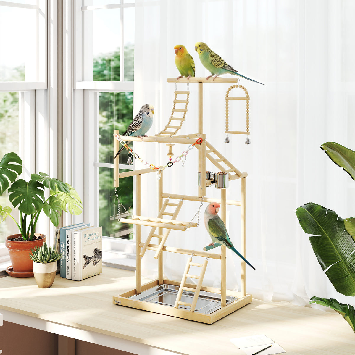 Bird stand, bird perch set, 4 tiers, stainless steel tray, toys, natural wood (2)