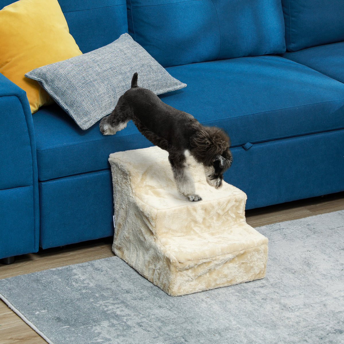 Foldable pet stairs, 3 steps, washable plush cover, particle board, 46 x 35 x 35 cm, beige (2)