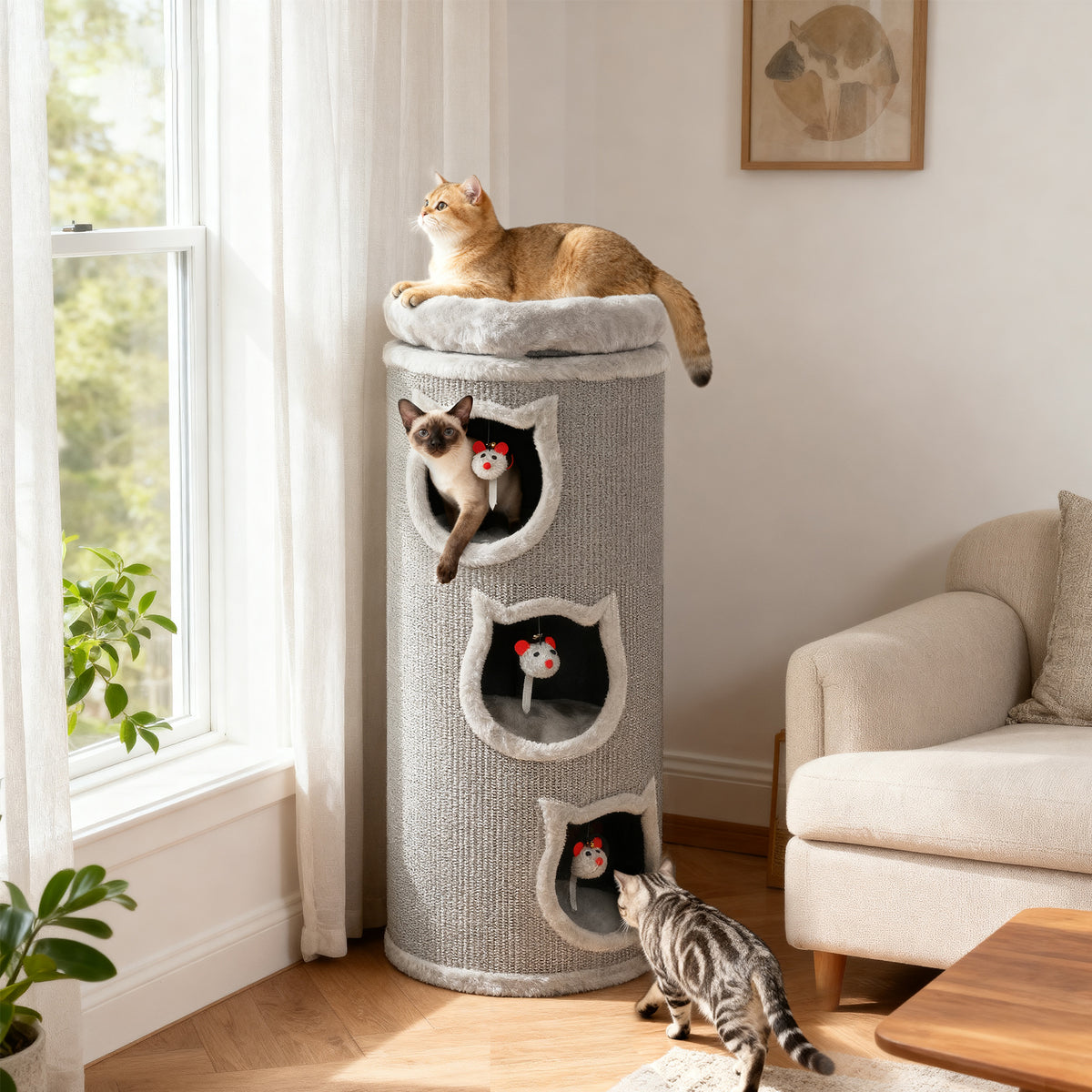 Cat scratching barrel, 96 cm, 4-level cat tower with washable bed, 3 sleeping caves, hanging toy, for multiple (2)
