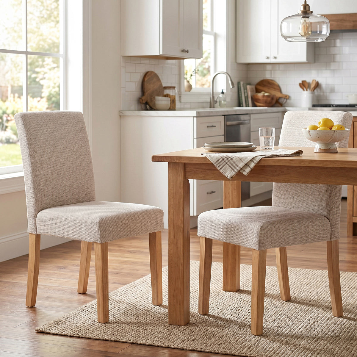 Dining chairs, set of 2, modern linen upholstered chairs with cushioned seat and backrest, rubberwood legs (2)