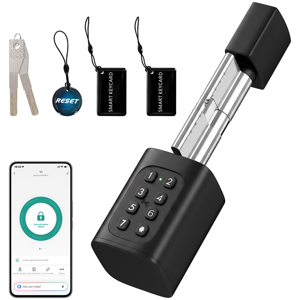 Smart door cylinder, 5-in-1 with fingerprint, code, app, NFC card & key, shared access, Bluetooth cylinder