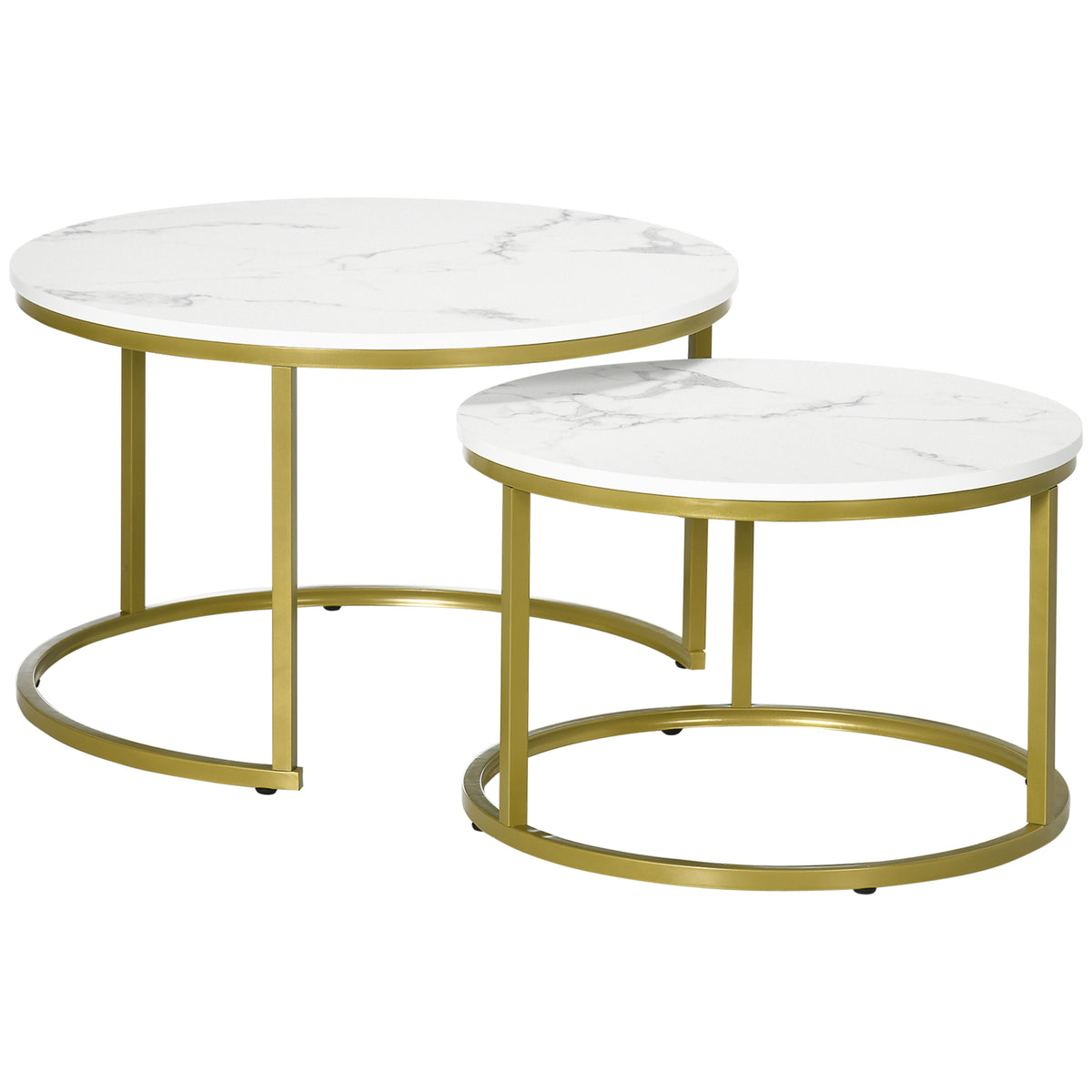 Side table set, 2 nesting tables, Ø74 & Ø59 cm, marble look, gold-colored frame