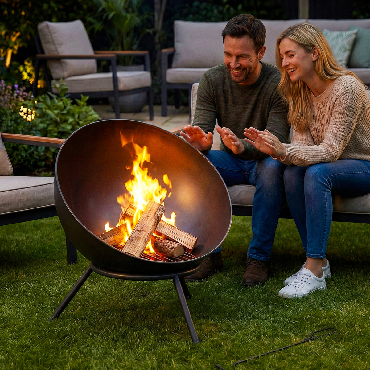 Fire pit 60 x 53 x 66cm adjustable fire bowl with poker, charcoal grate, and stand, black (2)