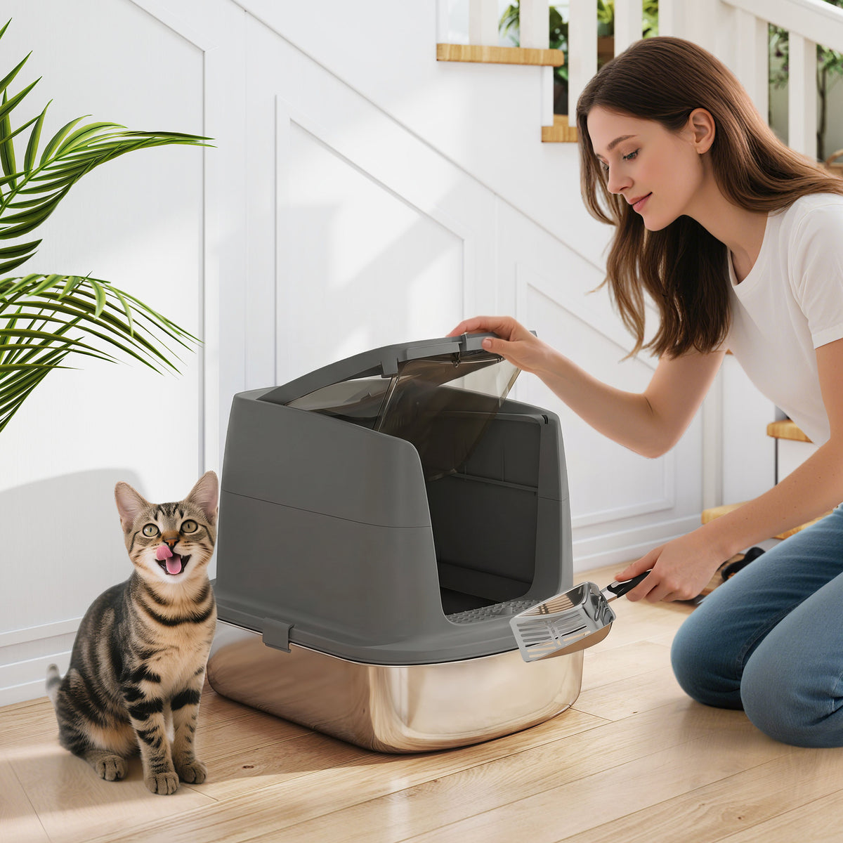 Large stainless steel litter box, enclosed cat litter tray with metal scoop and odor control bag, dark gray (2)