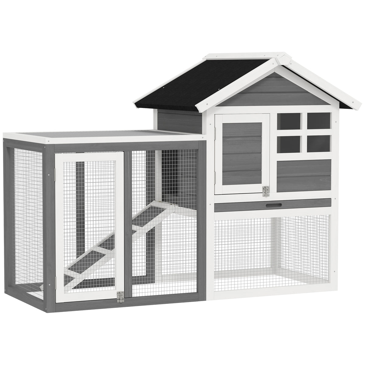 2-Tier Rabbit Hutch Wooden Rabbit House 123.5x62.6x92.5 cm Rabbit Cage with Bitumen Roof Run Ramp Doors