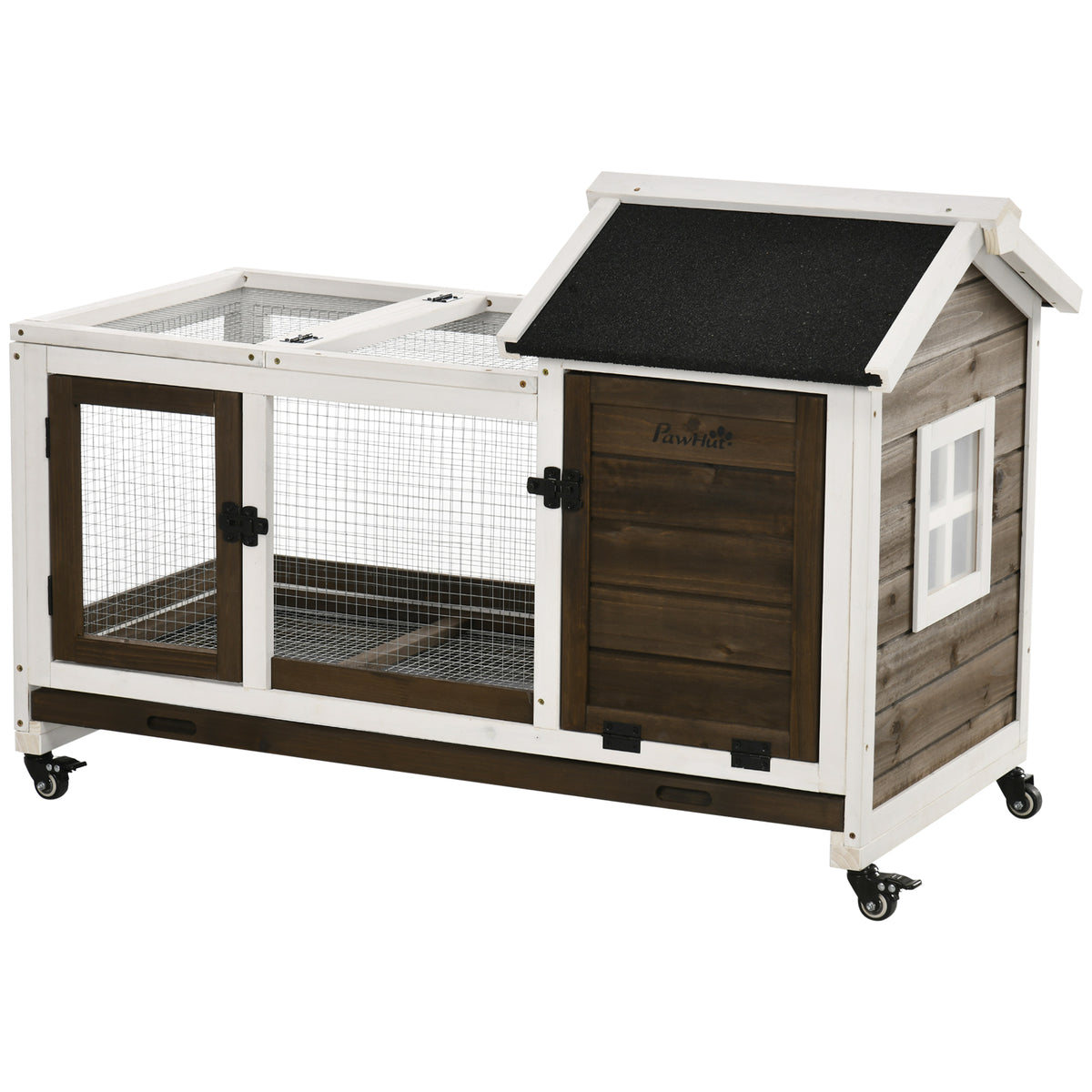 Small animal hutch for dwarf rabbits, guinea pigs, with wheels, 108 x 58 x 73.5 cm, coffee