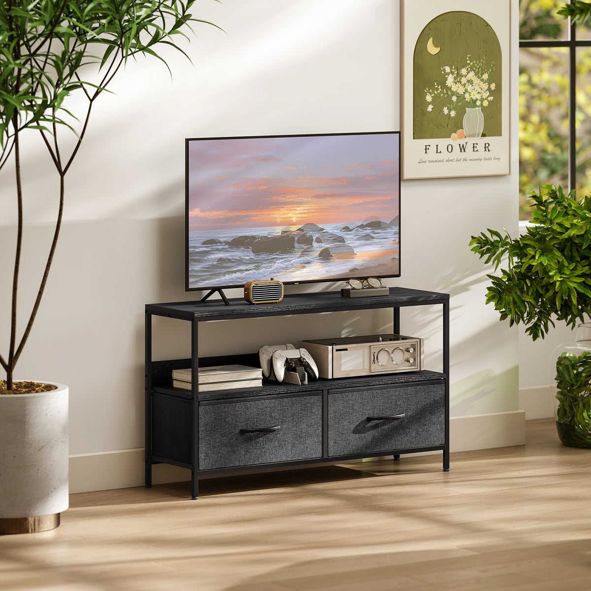 TV stand lowboard with 2 drawers, open shelf, for TVs up to 47 inches, 98 x 29 x 56 cm, black + dark gray (2)