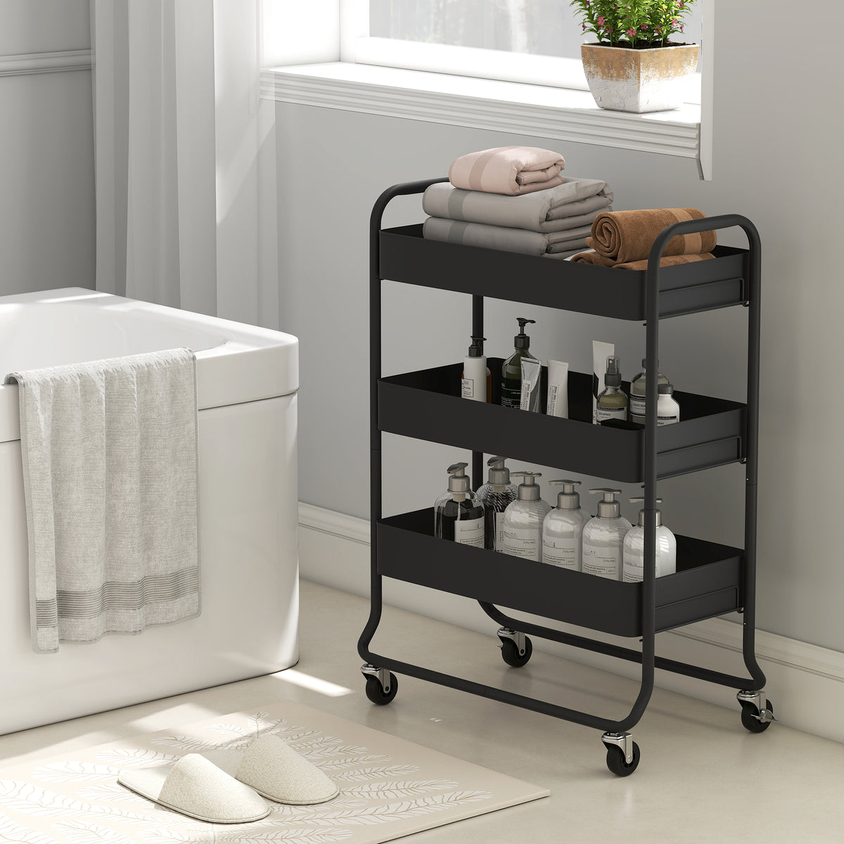 Kitchen trolley, 3 baskets, 4 castors, metal, black (9)