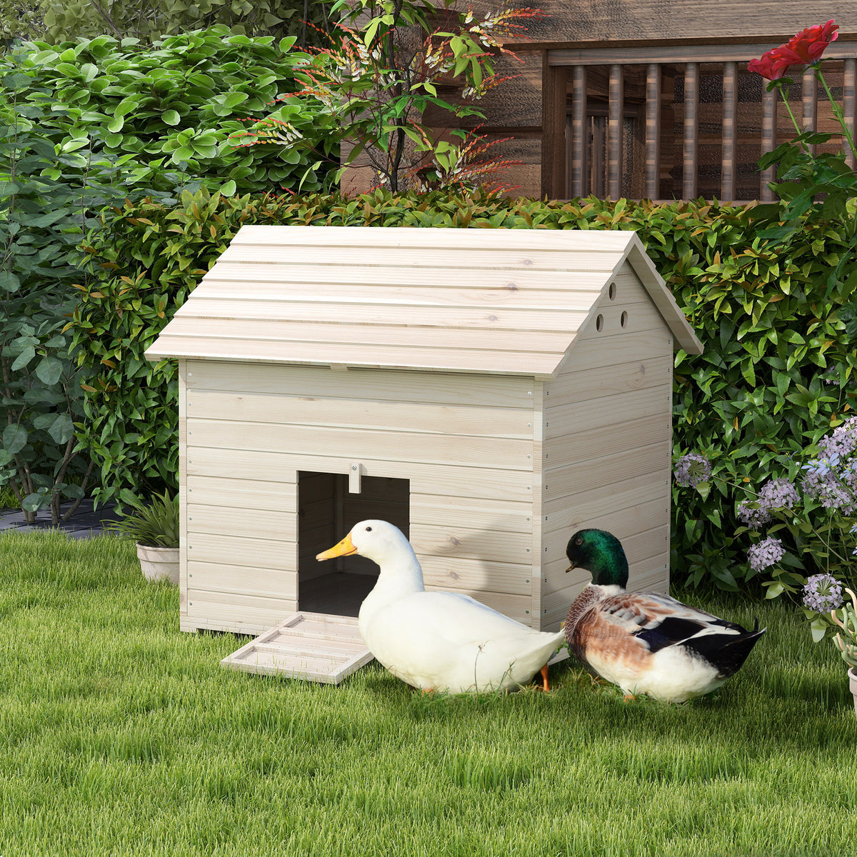 Duck house with hinged roof, poultry house with raised floor and ramp, fir wood, 100 x 82.5 x 91 cm (2)
