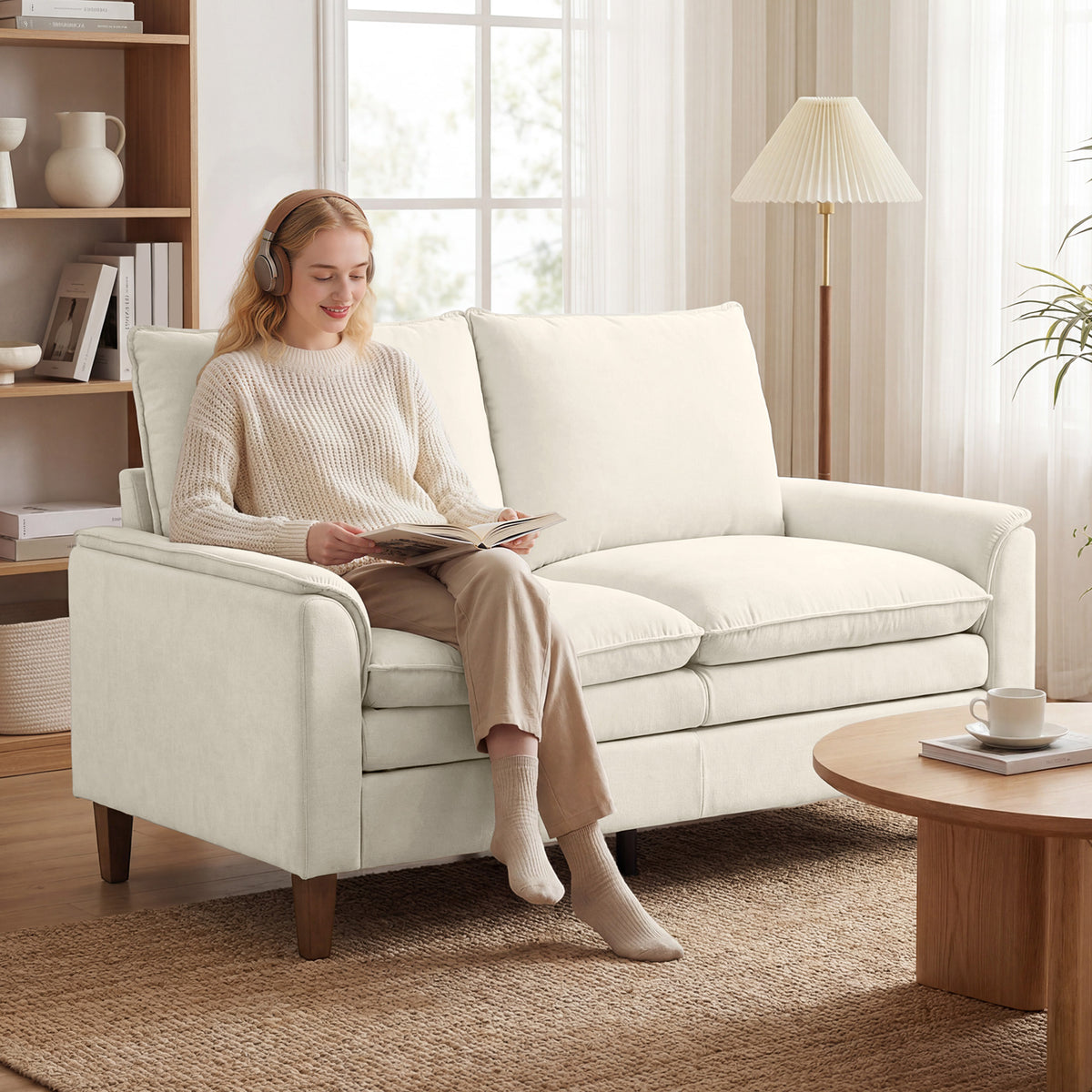 146 cm two-seater sofa, chenille sofa with double-layer cushioning, feather cushions, deep seat, high backrest (2)
