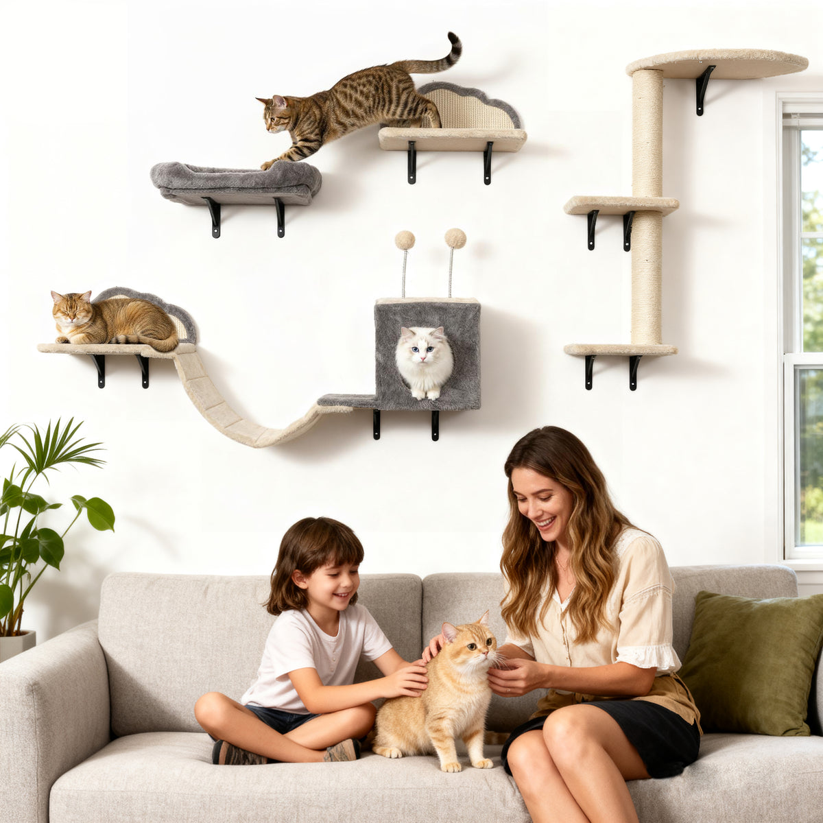Wall-mounted cat tree set, sisal scratching surfaces, 4 pieces, for 1-3 cats, beige – assembled
