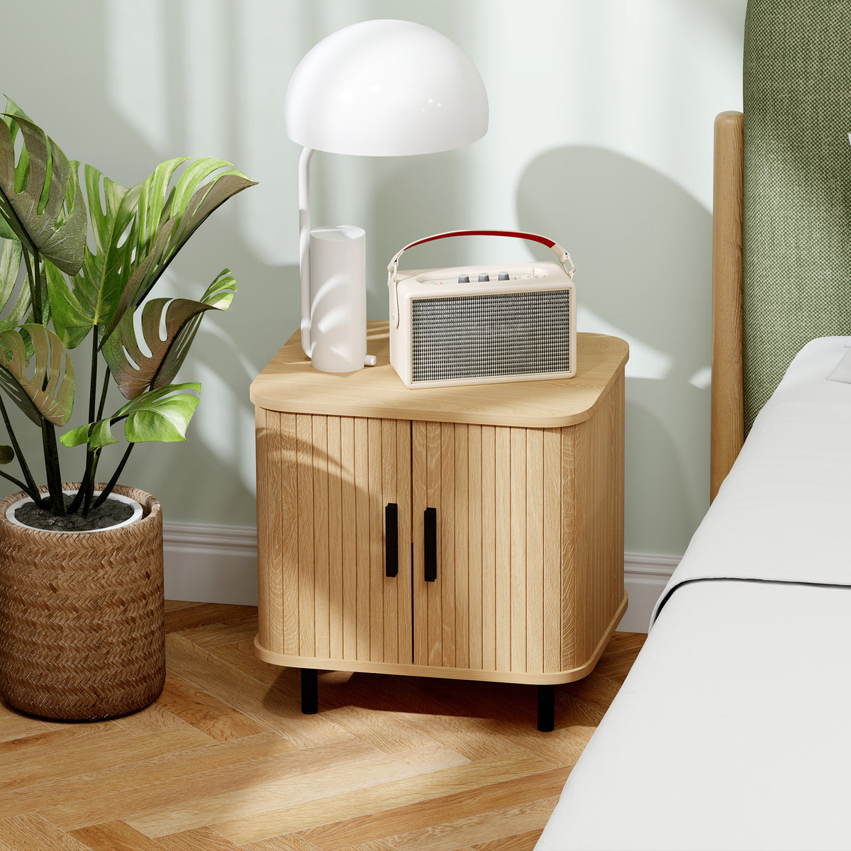 Nightstand side table with slatted doors and steel legs, for bedroom and living room, oak (2)
