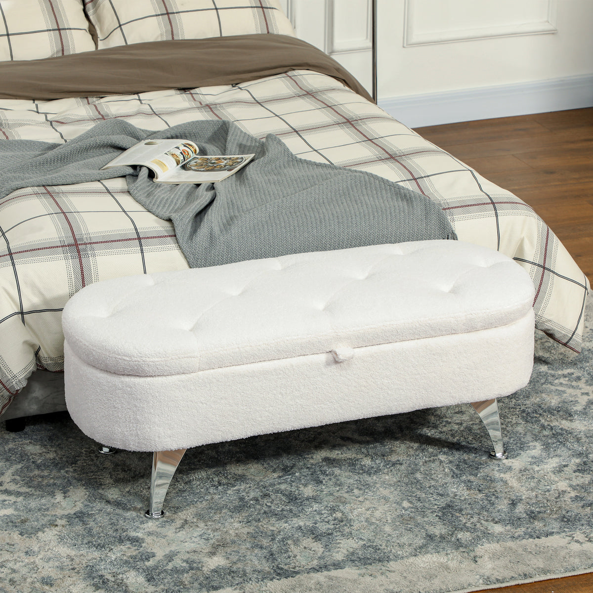 Storage bench with lid and metal legs for living room, bedroom, hallway, white (2)