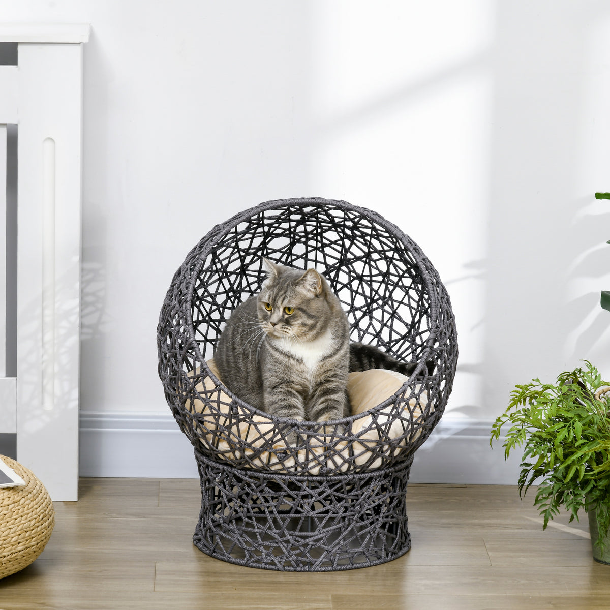 Cat basket, cat cave incl. cushion, 2-piece, 50 cm x 50 cm x 60 cm, cream white + anthracite (2)