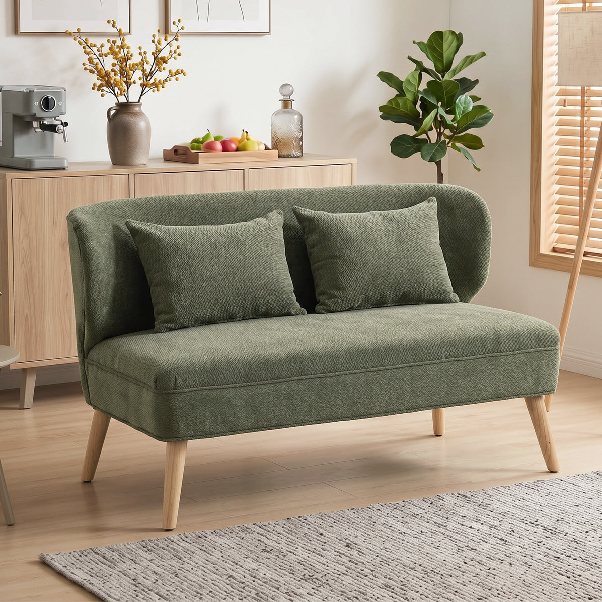 2-seater sofa, small chenille sofa with wingback, thick seat, rubberwood legs, dark green (2)