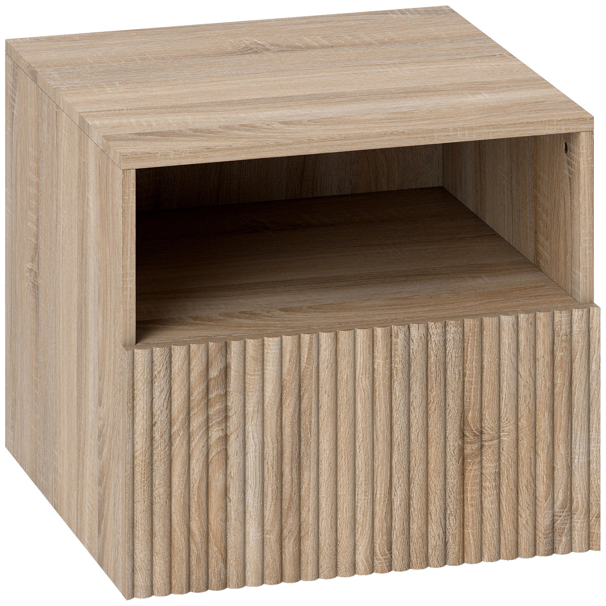 Nightstand, handleless design, open compartment, drawer, wall-mounted, light brown
