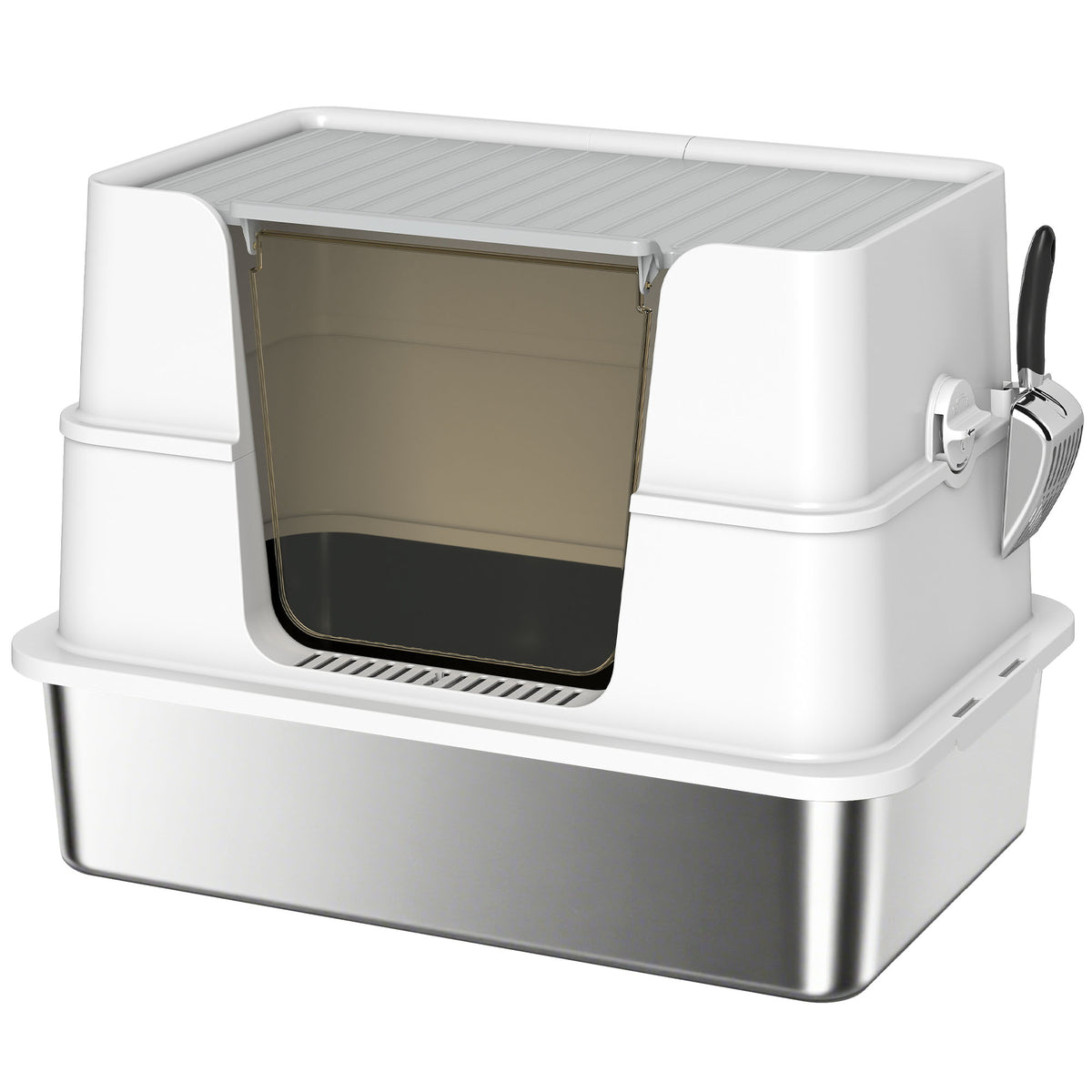 Cat litter box, stainless steel, XL interior, with scoop, light gray