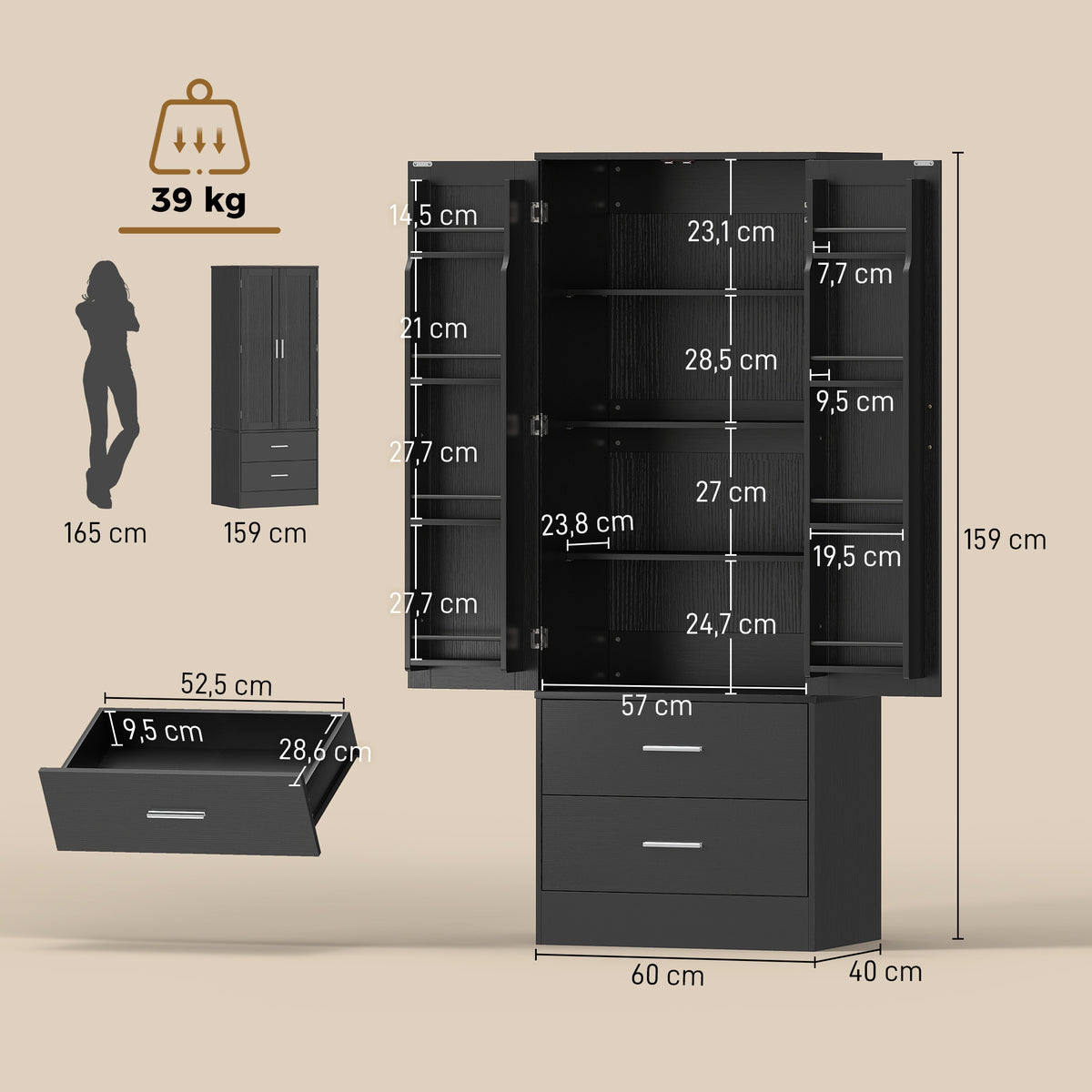 Pantry cabinet 8 door shelves adjustable shelves kitchen cupboard 159 cm black (3)