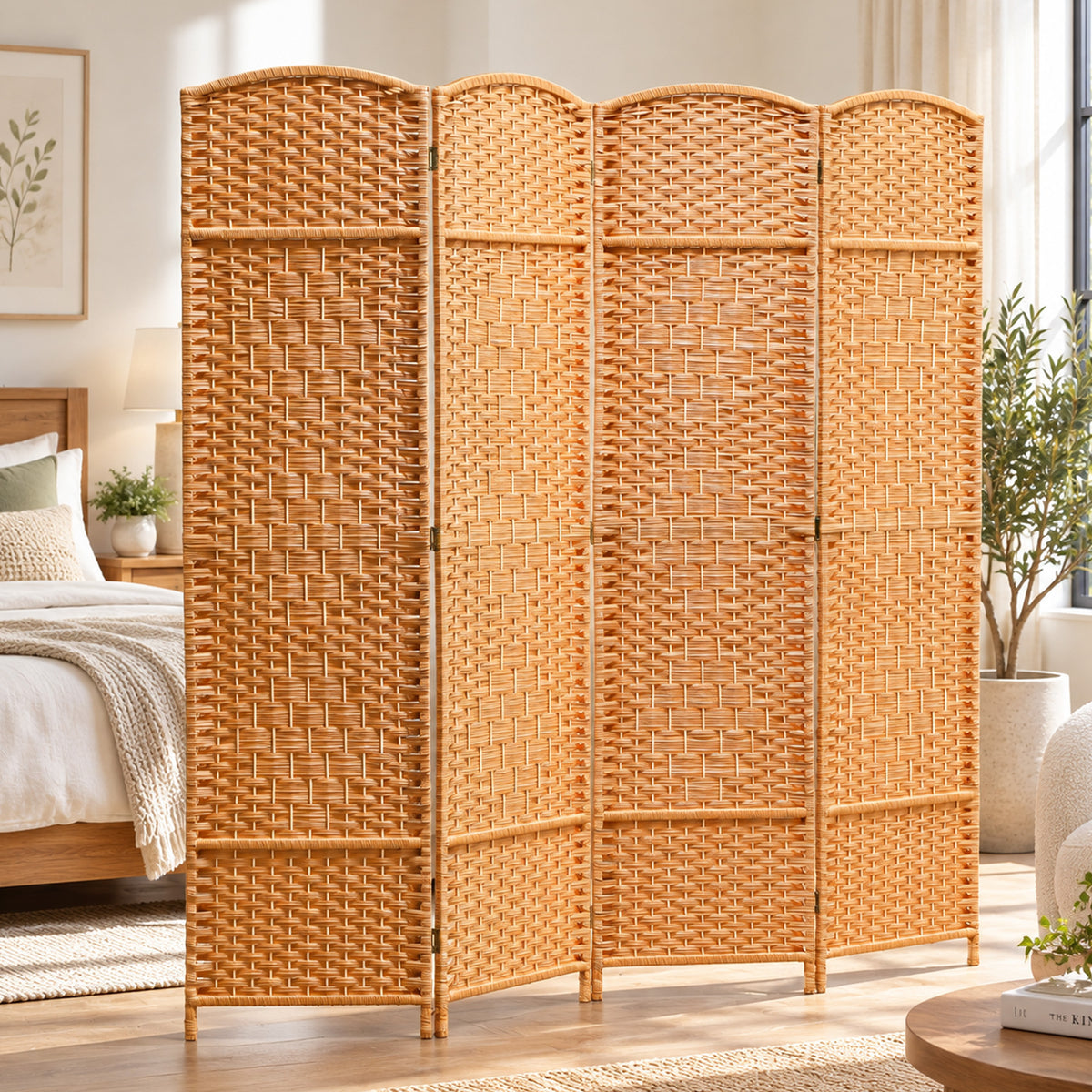 Room divider, 4-panel foldable partition, wicker pattern, pine wood, natural wood (2)