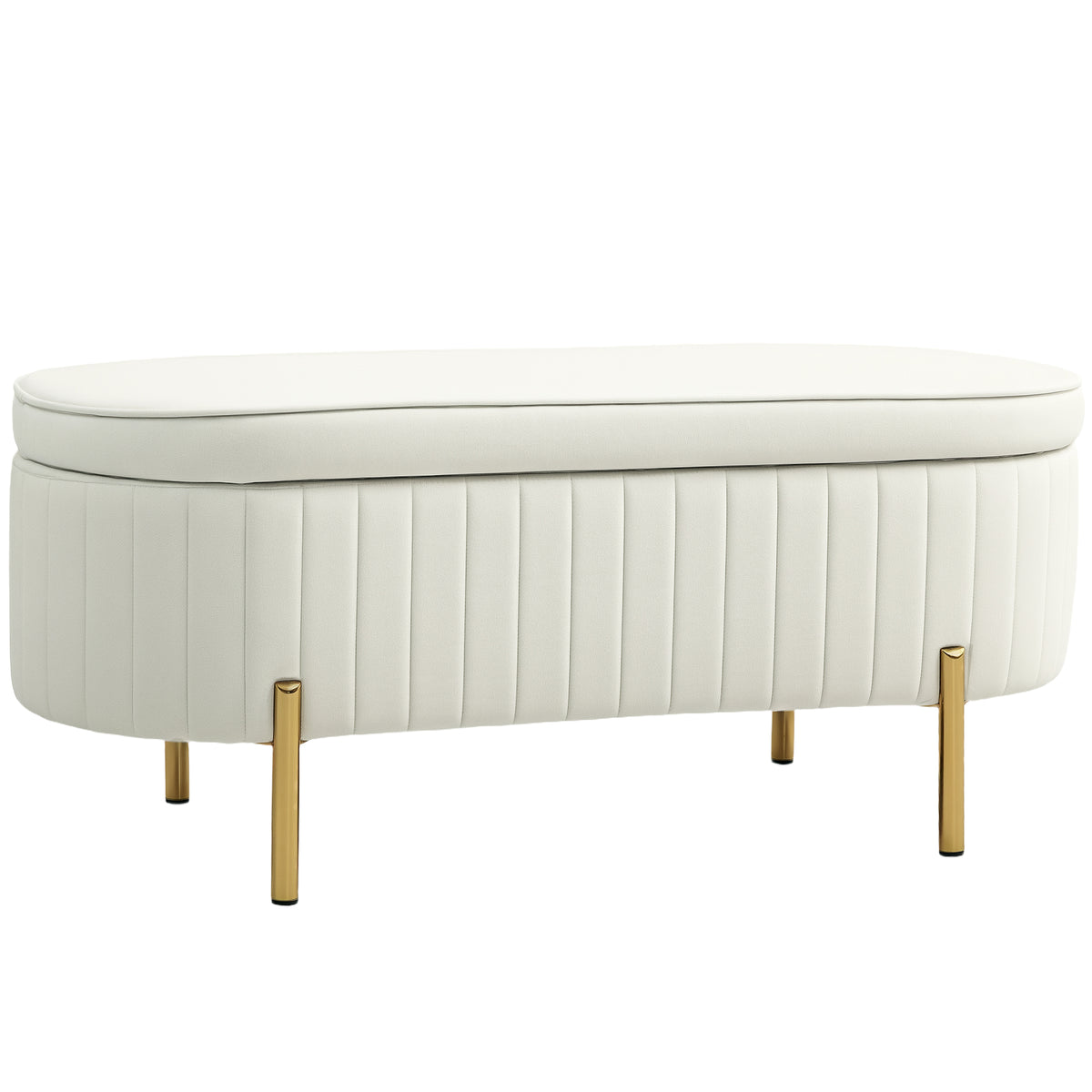 Bench with hinged lid and storage space, fabric upholstery, metal, cream white+golden